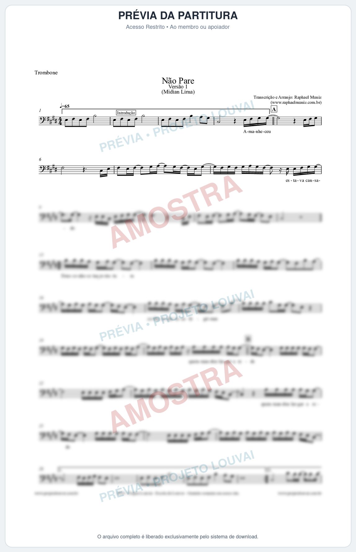 Prévia protegida da primeira página da partitura Partitura para Trombone - Não Pare - Midian Lima
