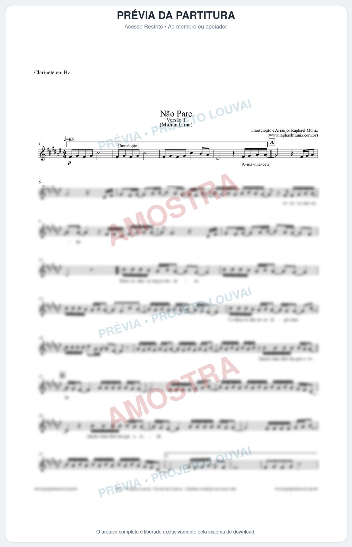 Prévia protegida da primeira página da partitura Partitura para Clarinete em Bb - Não Pare - Midian Lima