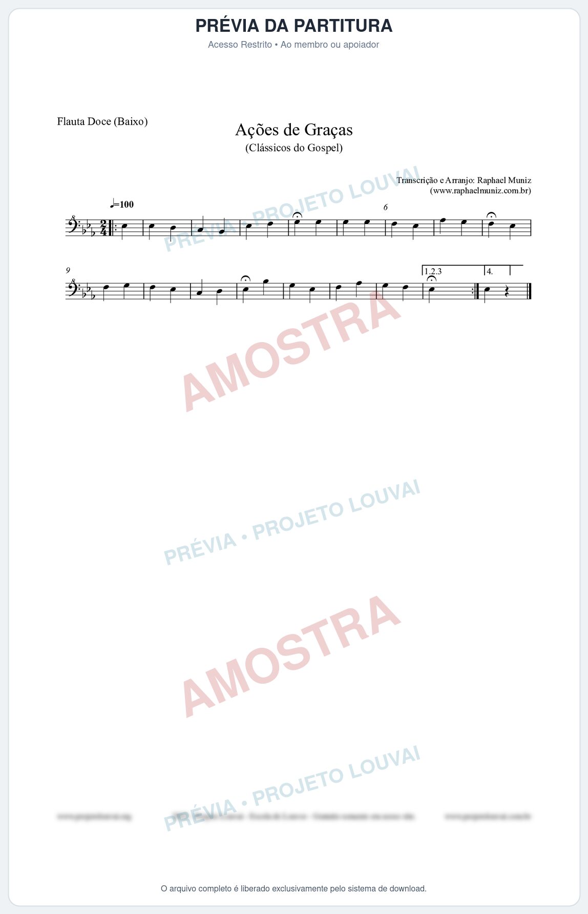 Prévia protegida da primeira página da partitura Partitura para Flauta Doce (Baixo) - Ações de Graças - Salmos e Hinos nº20 - Clássicos do Gospel