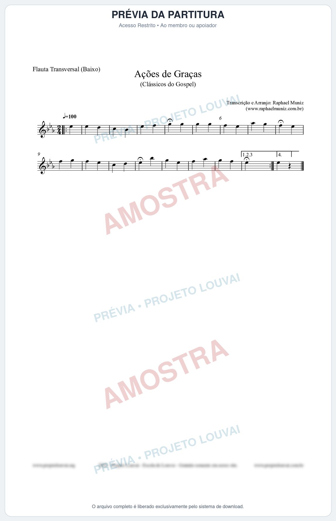 Prévia protegida da primeira página da partitura Partitura para Flauta Transversal (Baixo) - Ações de Graças - Salmos e Hinos nº20 - Clássicos do Gospel