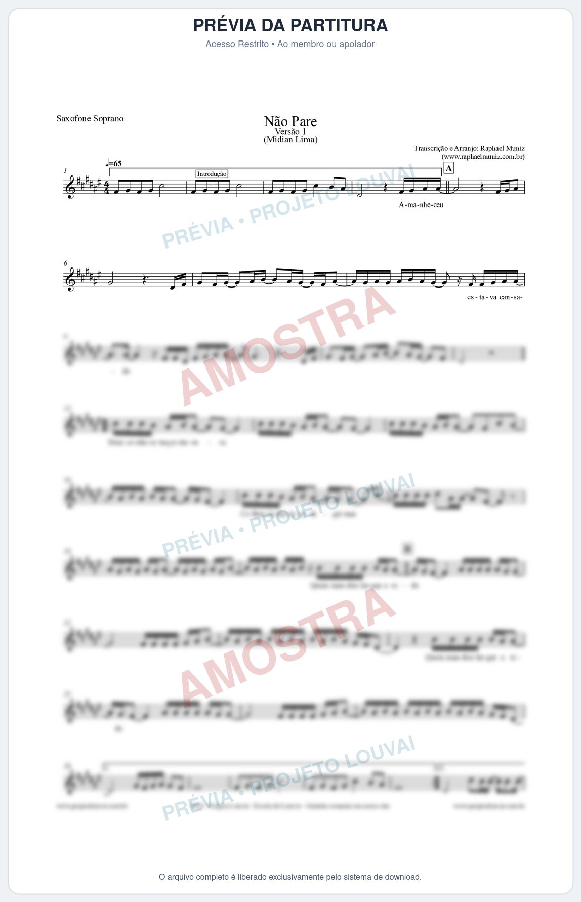 Prévia protegida da primeira página da partitura Partitura para Saxofone Soprano - Não Pare - Midian Lima