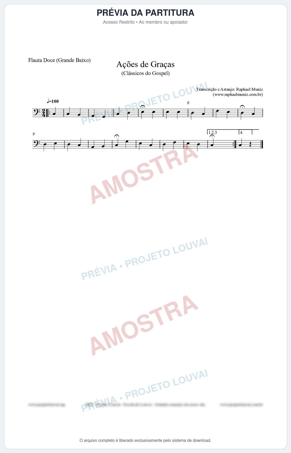 Prévia protegida da primeira página da partitura Partitura para Flauta Doce (Grande Baixo) - Ações de Graças - Salmos e Hinos nº20 - Clássicos do Gospel