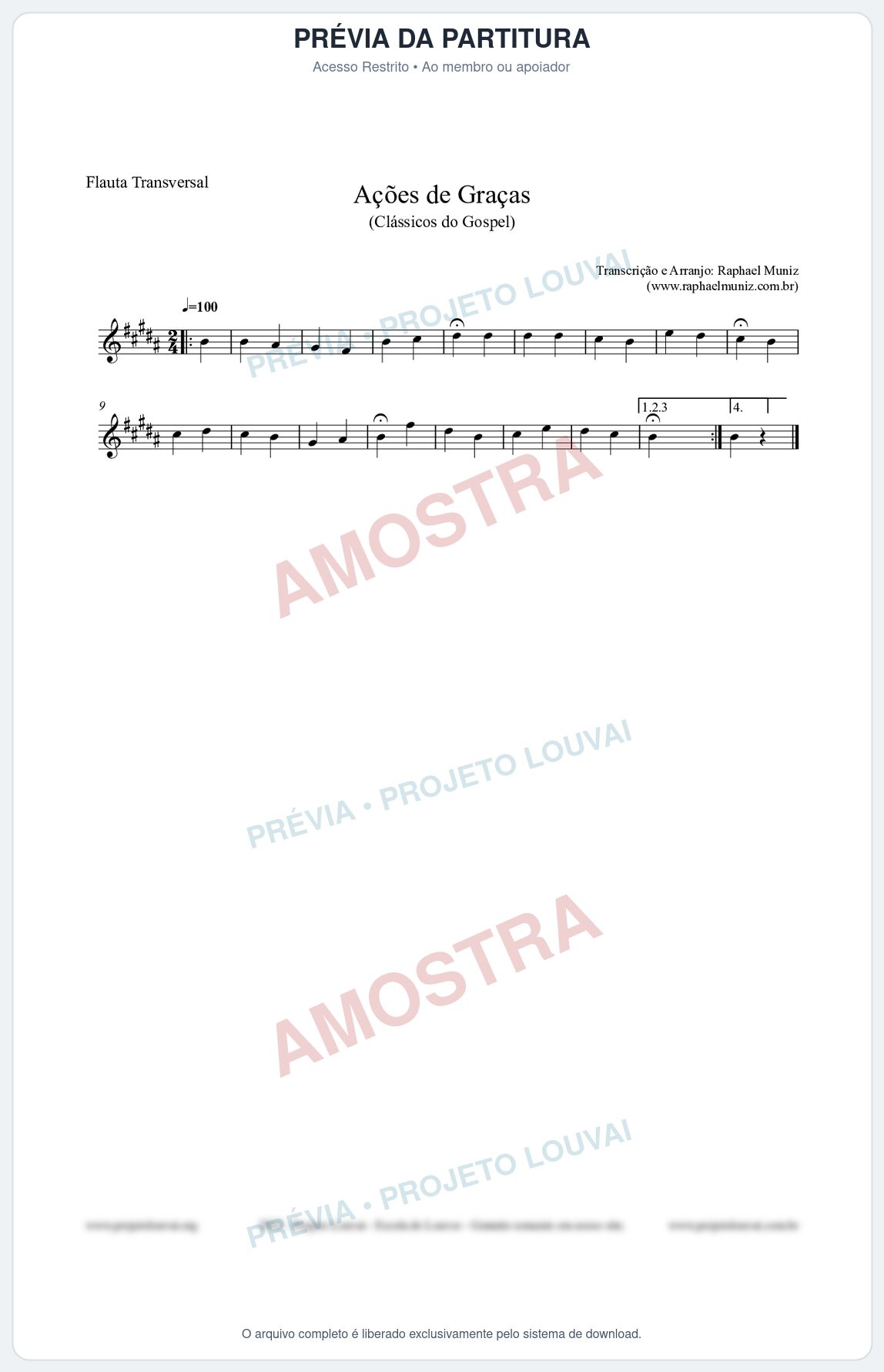 Prévia protegida da primeira página da partitura Partitura para Flauta Transversal - Ações de Graças - Salmos e Hinos nº20 - Clássicos do Gospel