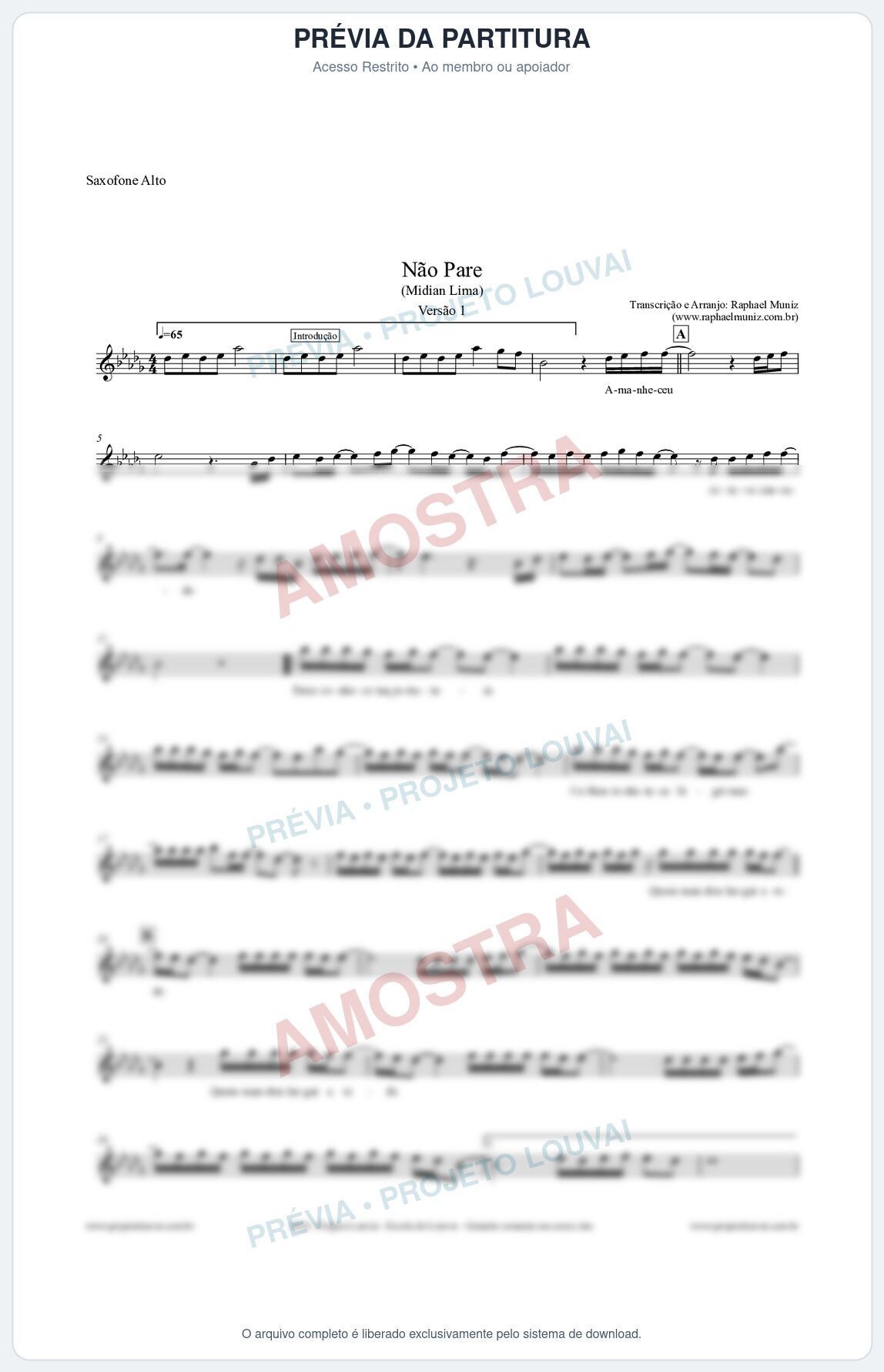 Prévia protegida da primeira página da partitura Partitura para Saxofone Alto - Não Pare - Midian Lima