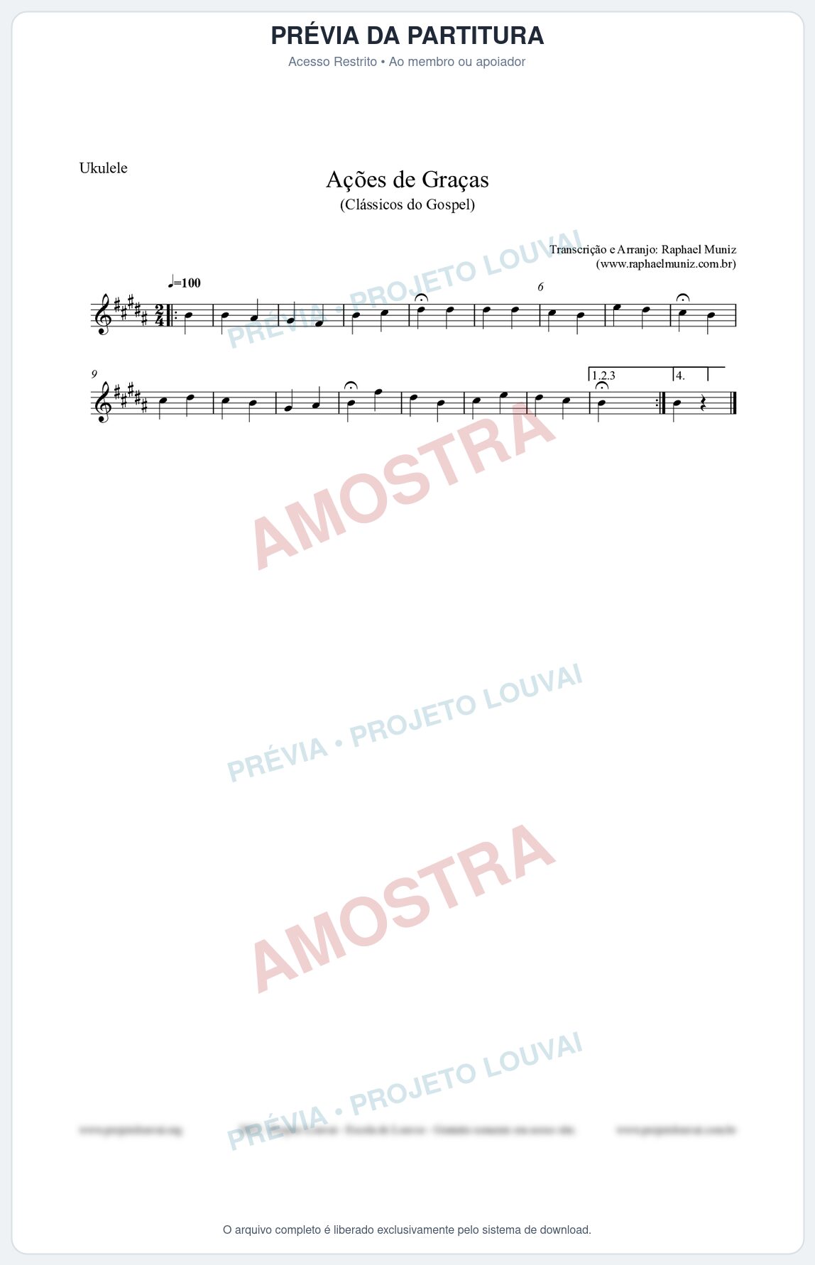 Prévia protegida da primeira página da partitura Partitura para Ukulele - Ações de Graças - Salmos e Hinos nº20 - Clássicos do Gospel