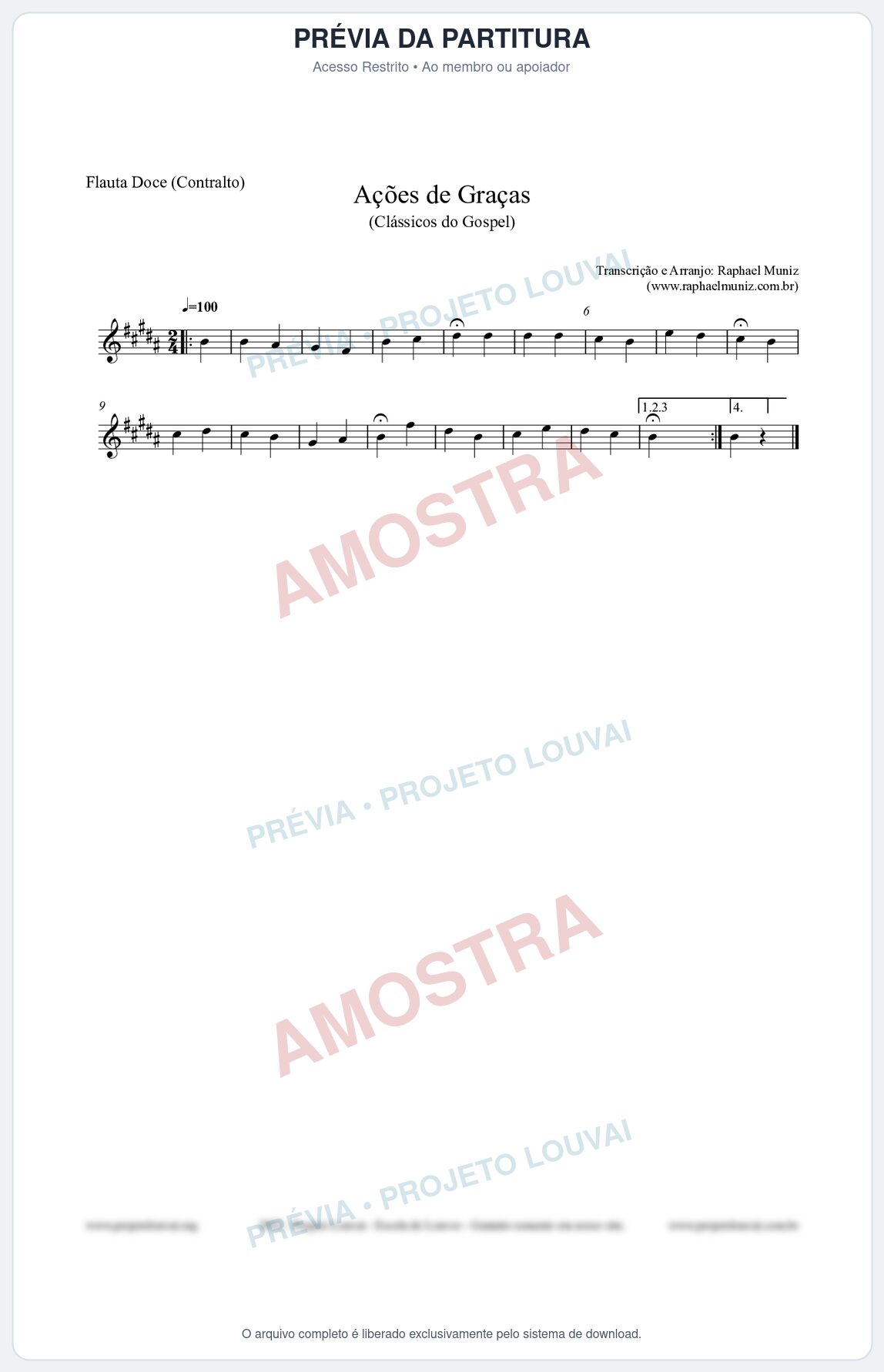Prévia protegida da primeira página da partitura Partitura para Flauta Doce (Contralto) - Ações de Graças - Salmos e Hinos nº20 - Clássicos do Gospel