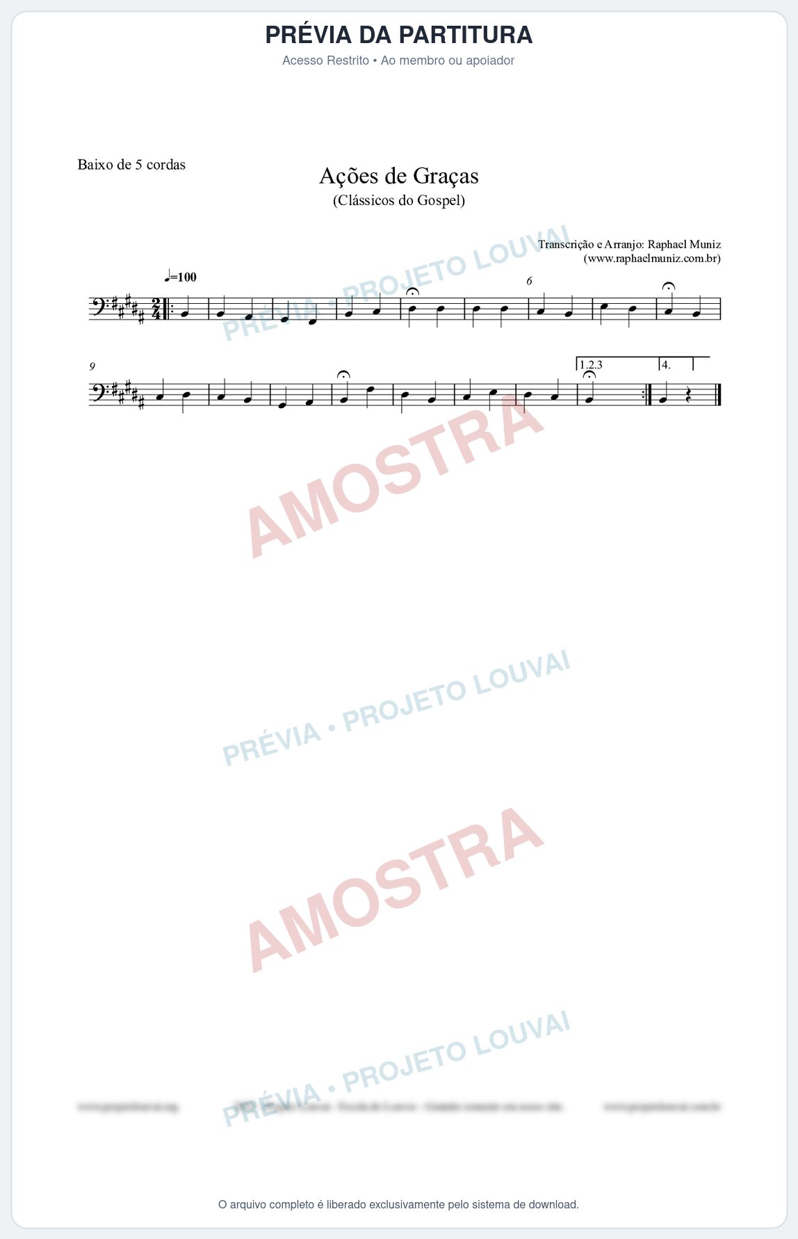 Prévia protegida da primeira página da partitura Partitura para Baixo de 5 cordas - Ações de Graças - Salmos e Hinos nº20 - Clássicos do Gospel