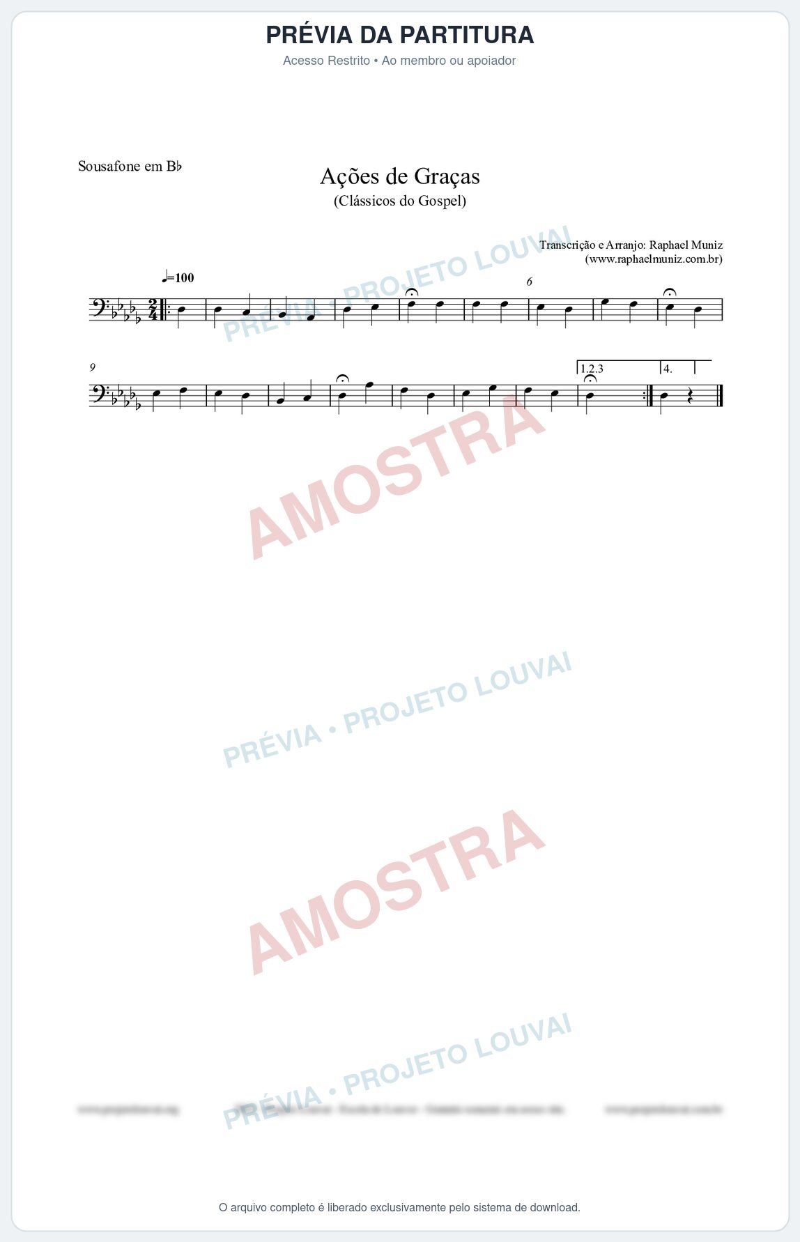 Prévia protegida da primeira página da partitura Partitura para Sousafone em Bb - Ações de Graças - Salmos e Hinos nº20 - Clássicos do Gospel