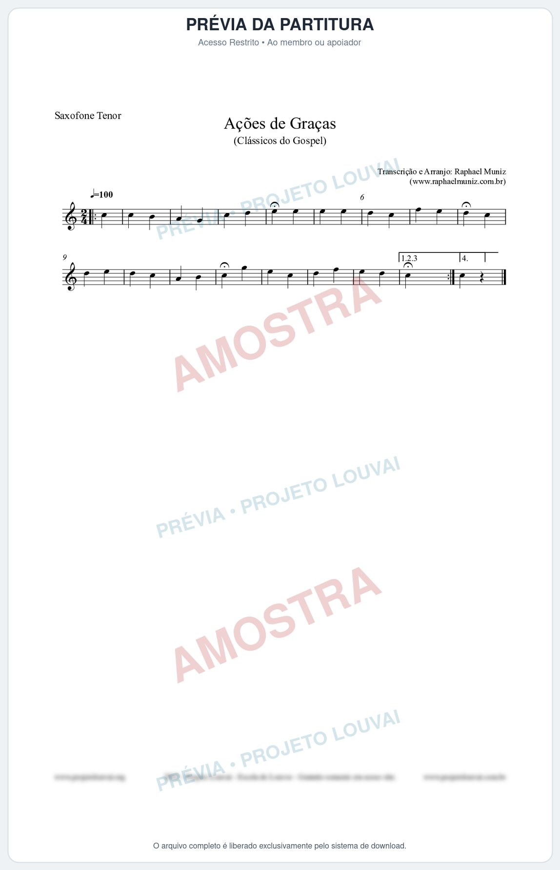 Prévia protegida da primeira página da partitura Partitura para Saxofone Tenor - Ações de Graças - Salmos e Hinos nº20 - Clássicos do Gospel
