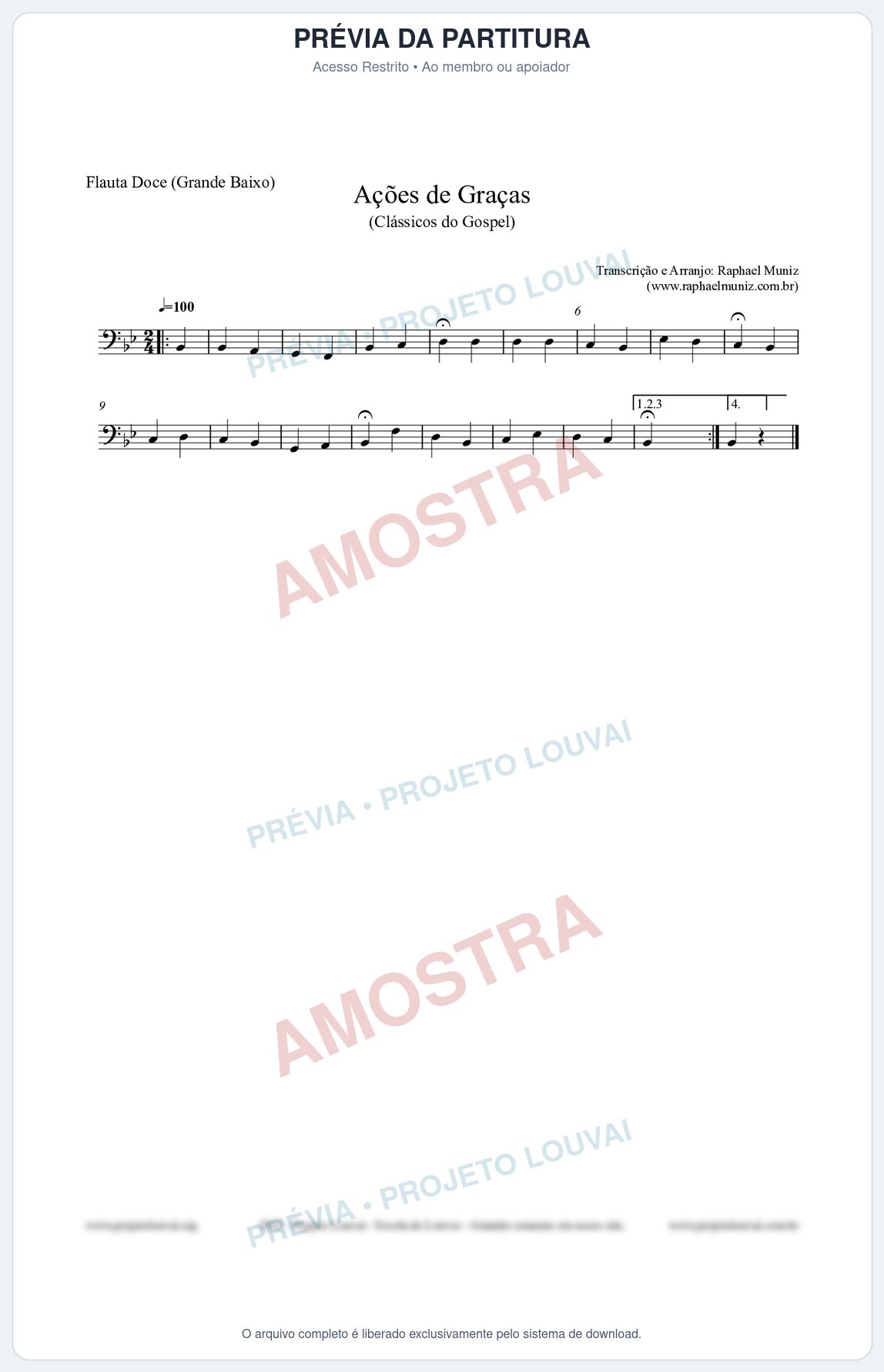 Prévia protegida da primeira página da partitura Partitura para Flauta Doce (Grande Baixo) - Ações de Graças - Salmos e Hinos nº20 - Clássicos do Gospel