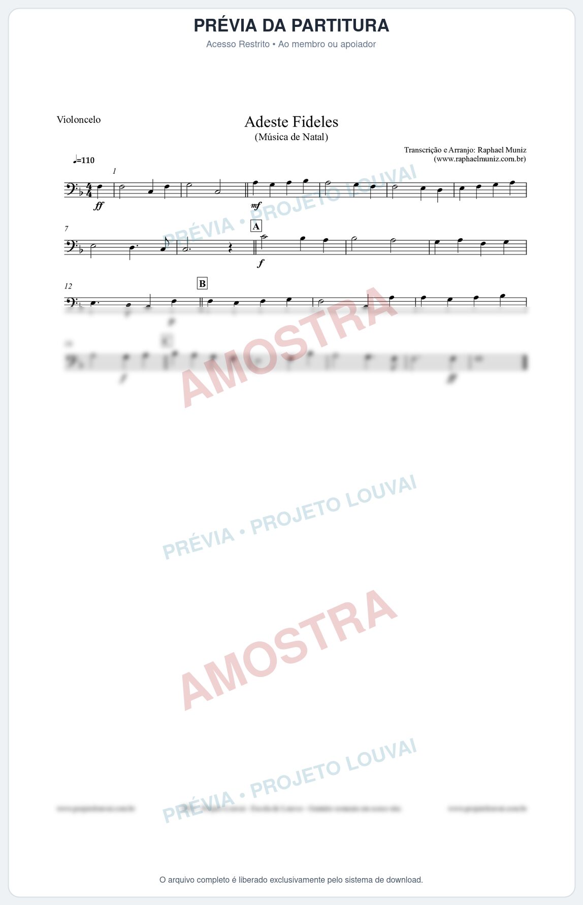 Prévia protegida da primeira página da partitura Partitura para Violoncelo - Adeste Fideles - Músicas de Natal
