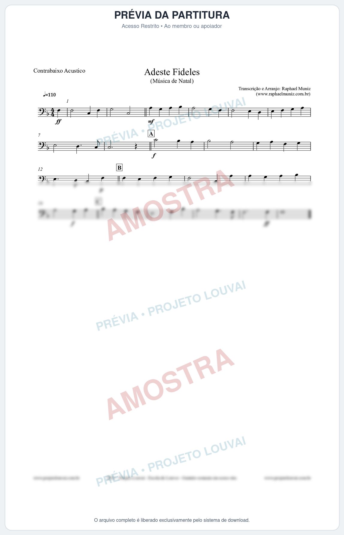 Prévia protegida da primeira página da partitura Partitura para Contrabaixo Acústico - Adeste Fideles - Músicas de Natal