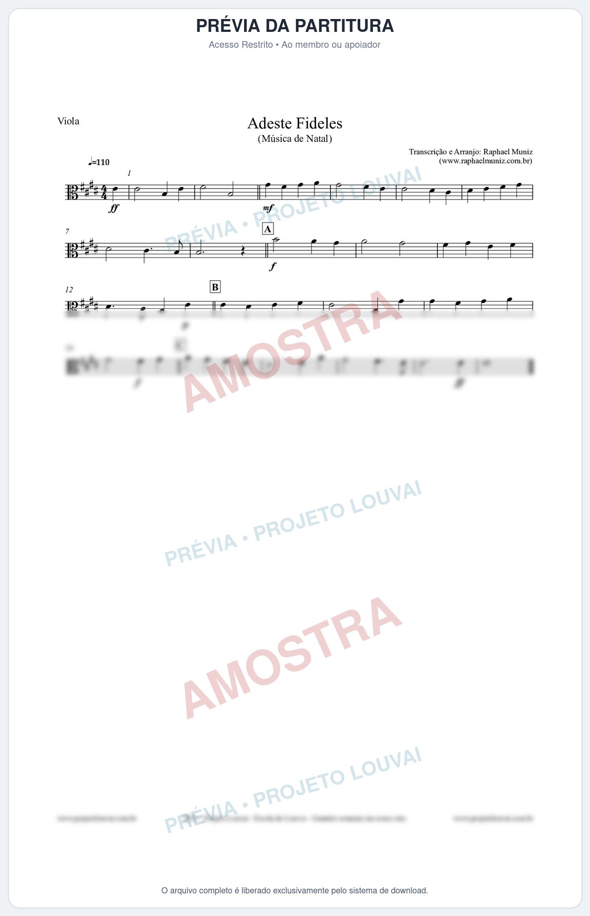Prévia protegida da primeira página da partitura Partitura para Viola - Adeste Fideles - Músicas de Natal