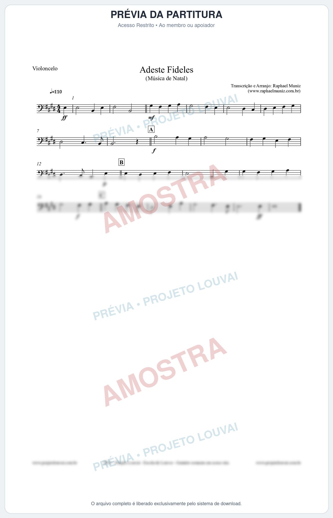 Prévia protegida da primeira página da partitura Partitura para Violoncelo - Adeste Fideles - Músicas de Natal