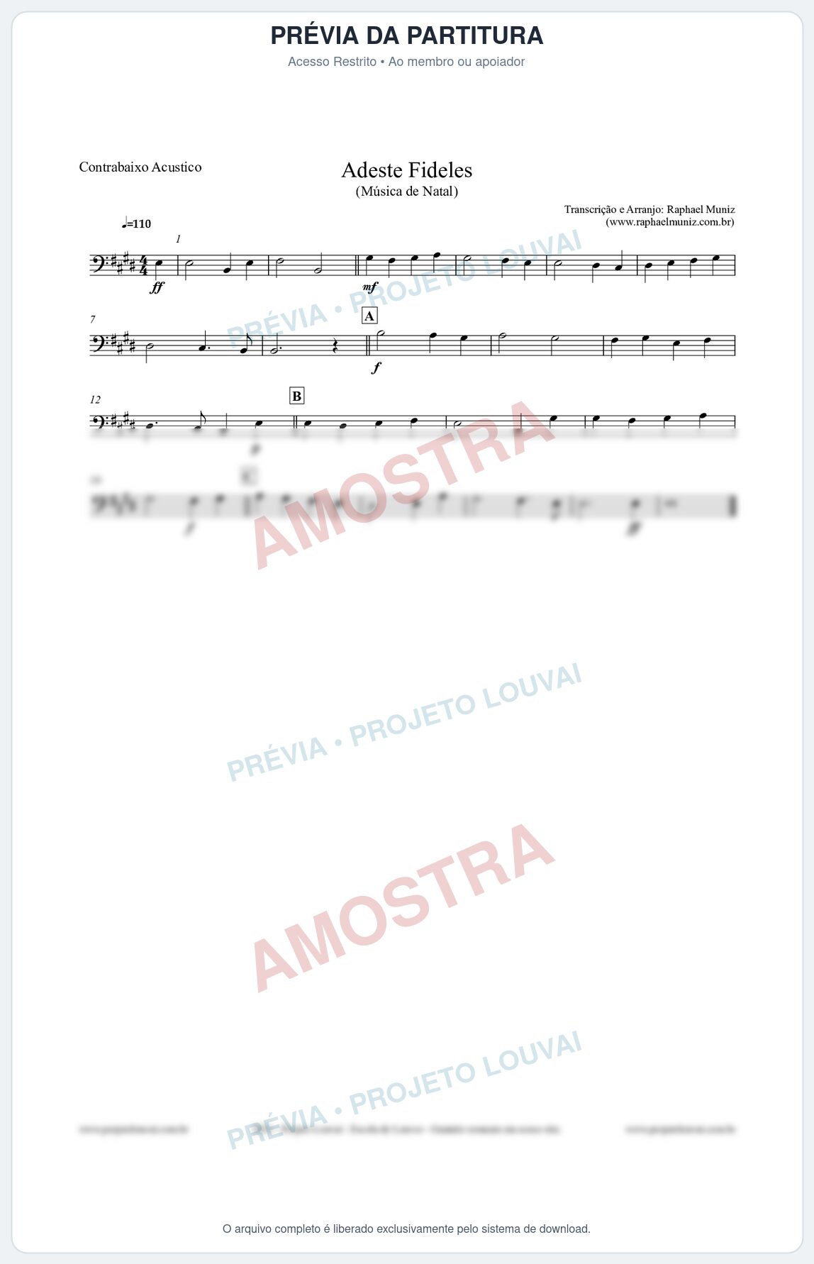 Prévia protegida da primeira página da partitura Partitura para Contrabaixo Acústico - Adeste Fideles - Músicas de Natal