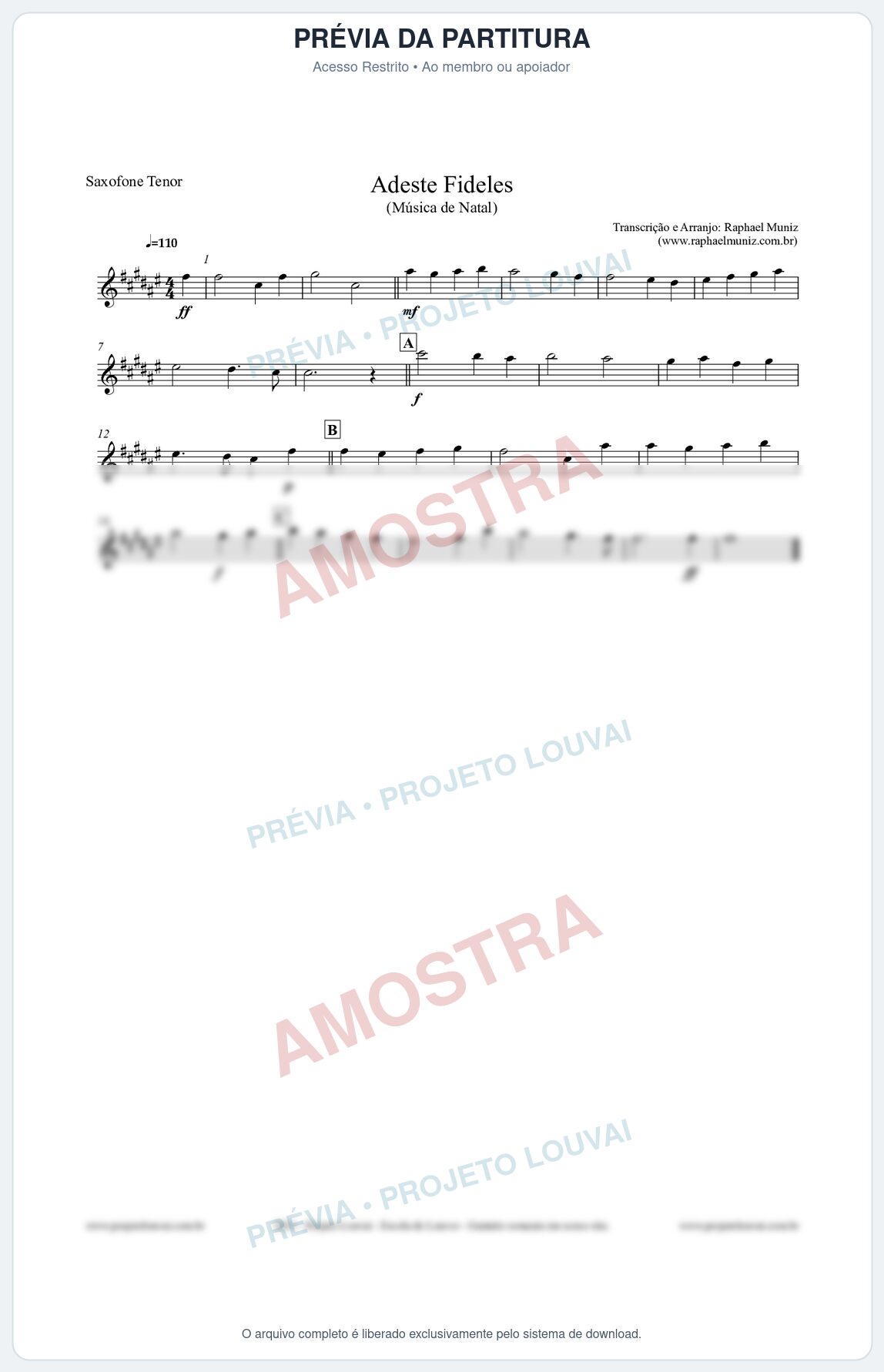 Prévia protegida da primeira página da partitura Partitura para Saxofone Tenor - Adeste Fideles - Músicas de Natal