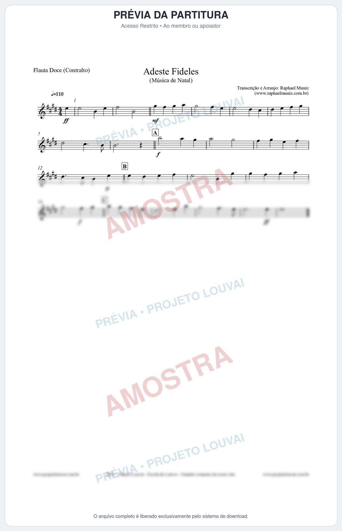 Prévia protegida da primeira página da partitura Partitura para Flauta Doce (Contralto) - Adeste Fideles - Músicas de Natal