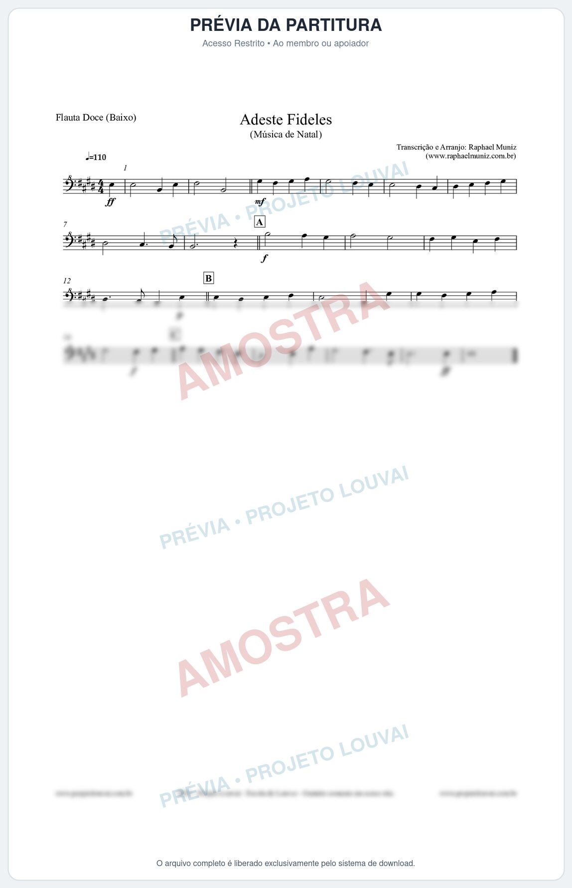 Prévia protegida da primeira página da partitura Partitura para Flauta Doce (Baixo) - Adeste Fideles - Músicas de Natal