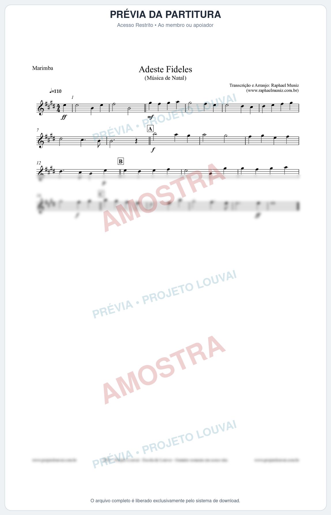 Prévia protegida da primeira página da partitura Partitura para Marimba - Adeste Fideles - Músicas de Natal