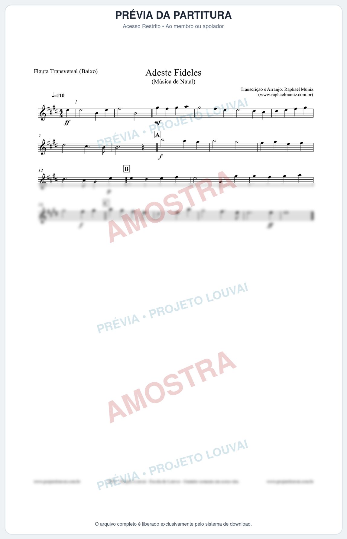 Prévia protegida da primeira página da partitura Partitura para Flauta Transversal (Baixo) - Adeste Fideles - Músicas de Natal