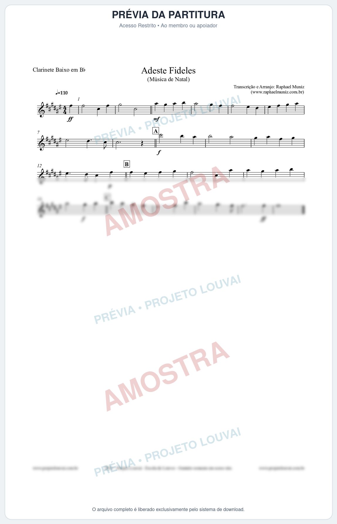 Prévia protegida da primeira página da partitura Partitura para Clarinete Baixo em Bb - Adeste Fideles - Músicas de Natal