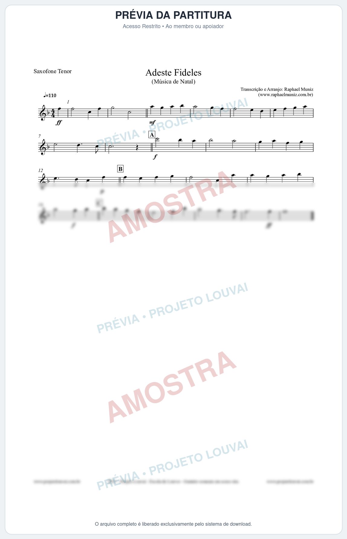 Prévia protegida da primeira página da partitura Partitura para Saxofone Tenor - Adeste Fideles - Músicas de Natal