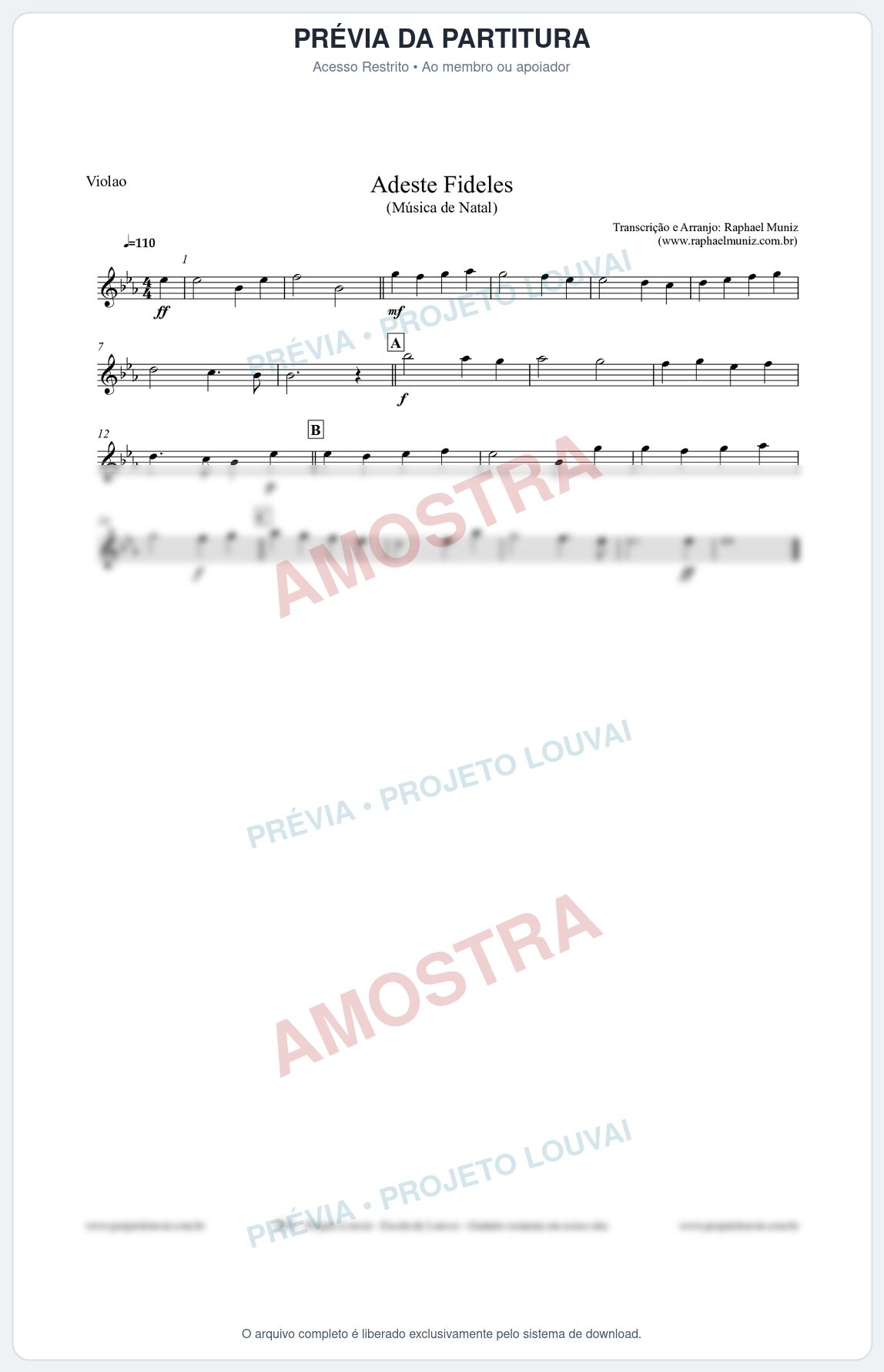 Prévia protegida da primeira página da partitura Partitura para Violão - Adeste Fideles - Músicas de Natal