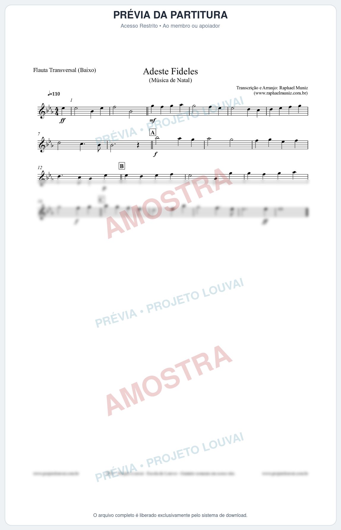 Prévia protegida da primeira página da partitura Partitura para Flauta Transversal (Baixo) - Adeste Fideles - Músicas de Natal