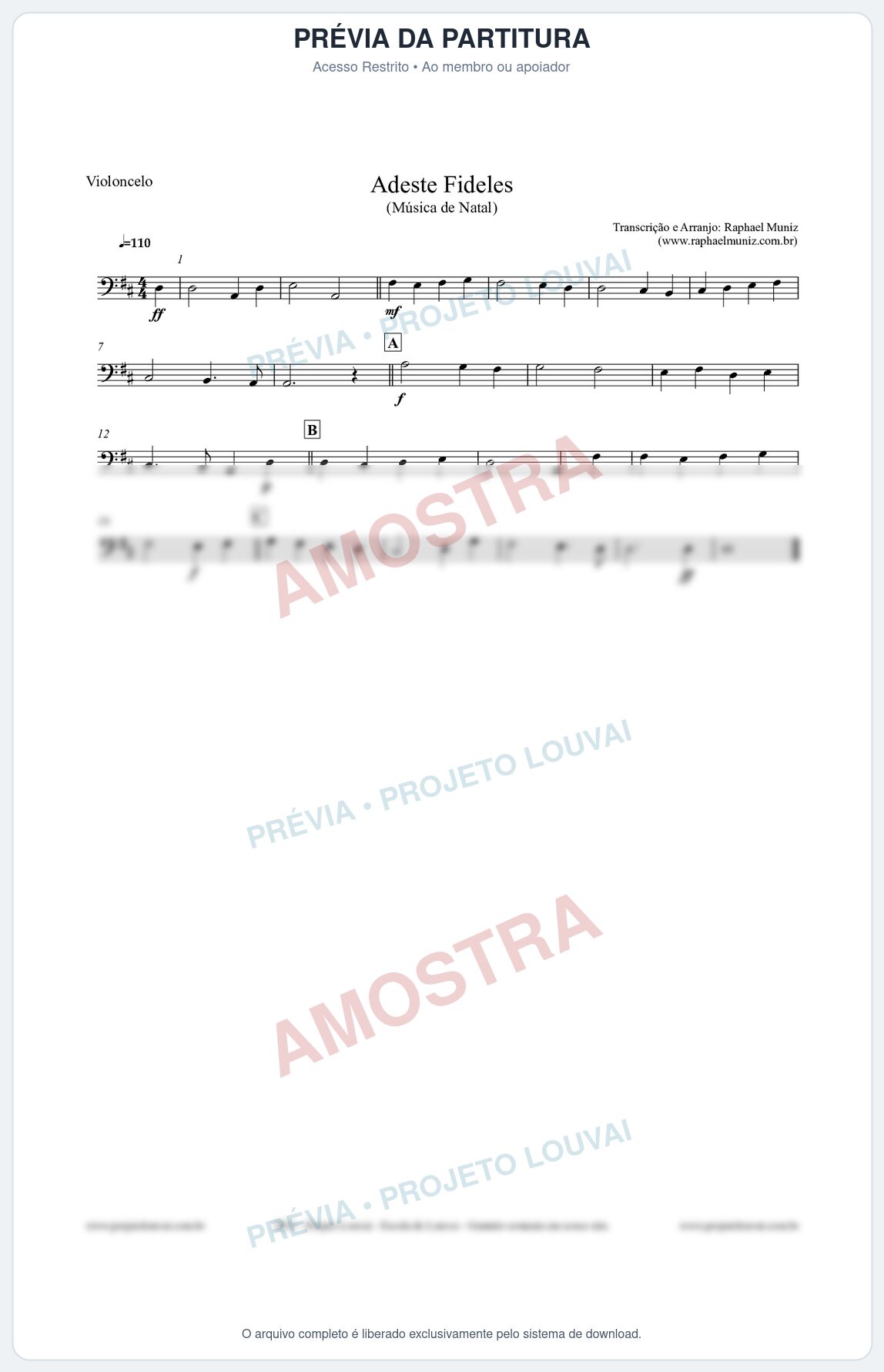 Prévia protegida da primeira página da partitura Partitura para Violoncelo - Adeste Fideles - Músicas de Natal