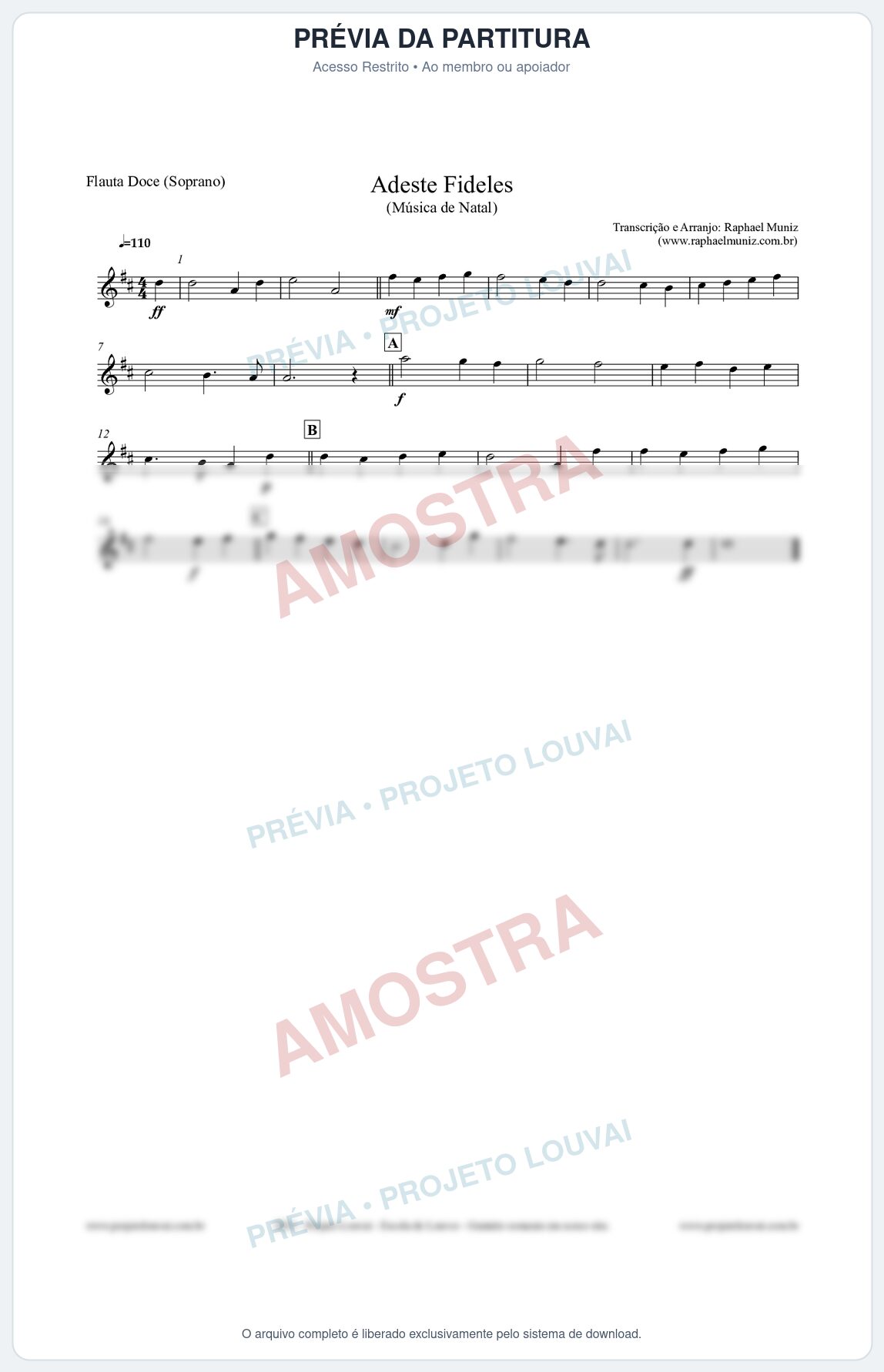 Prévia protegida da primeira página da partitura Partitura para Flauta Doce (Soprano) - Adeste Fideles - Músicas de Natal