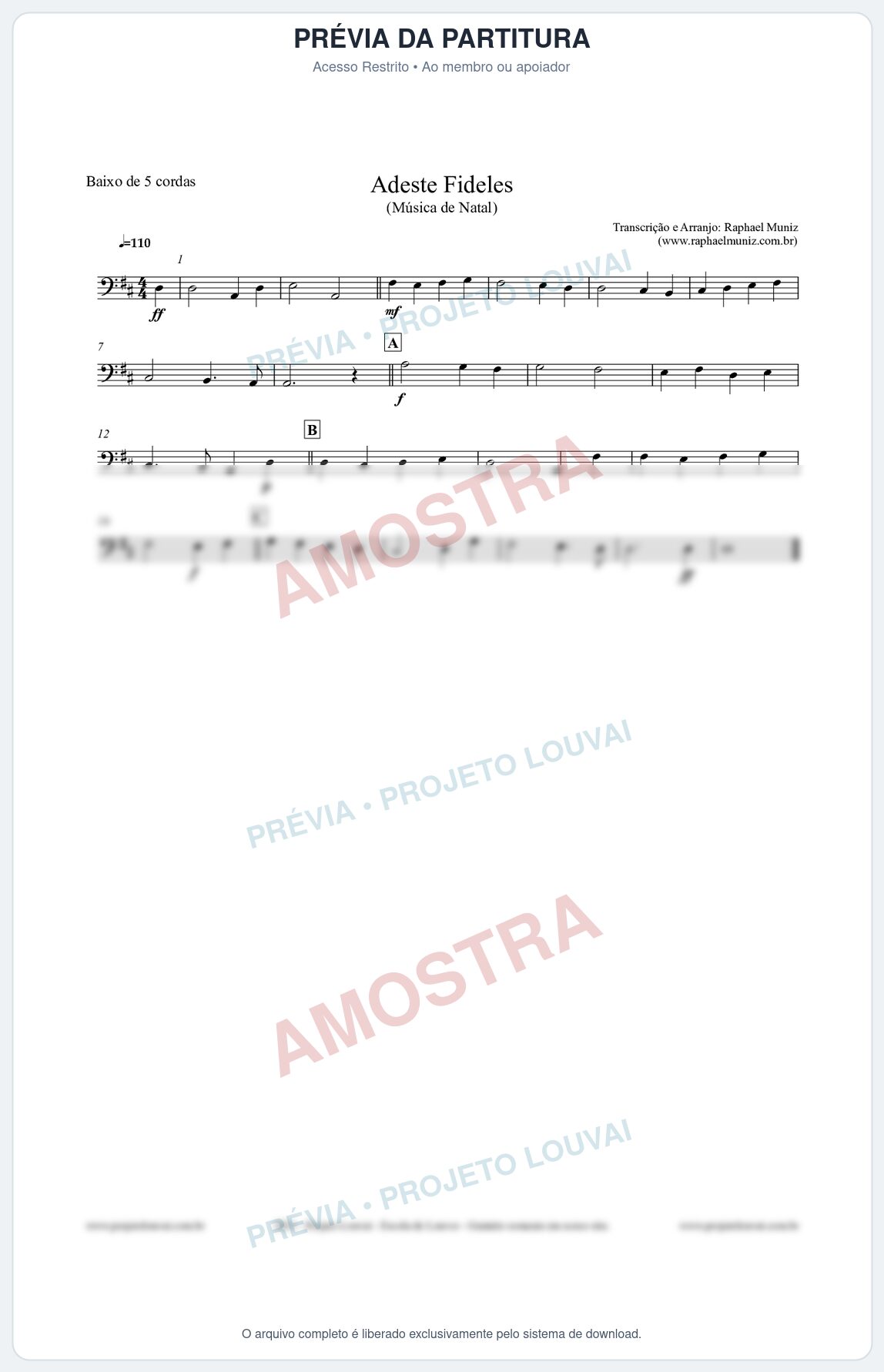 Prévia protegida da primeira página da partitura Partitura para Baixo de 5 cordas - Adeste Fideles - Músicas de Natal