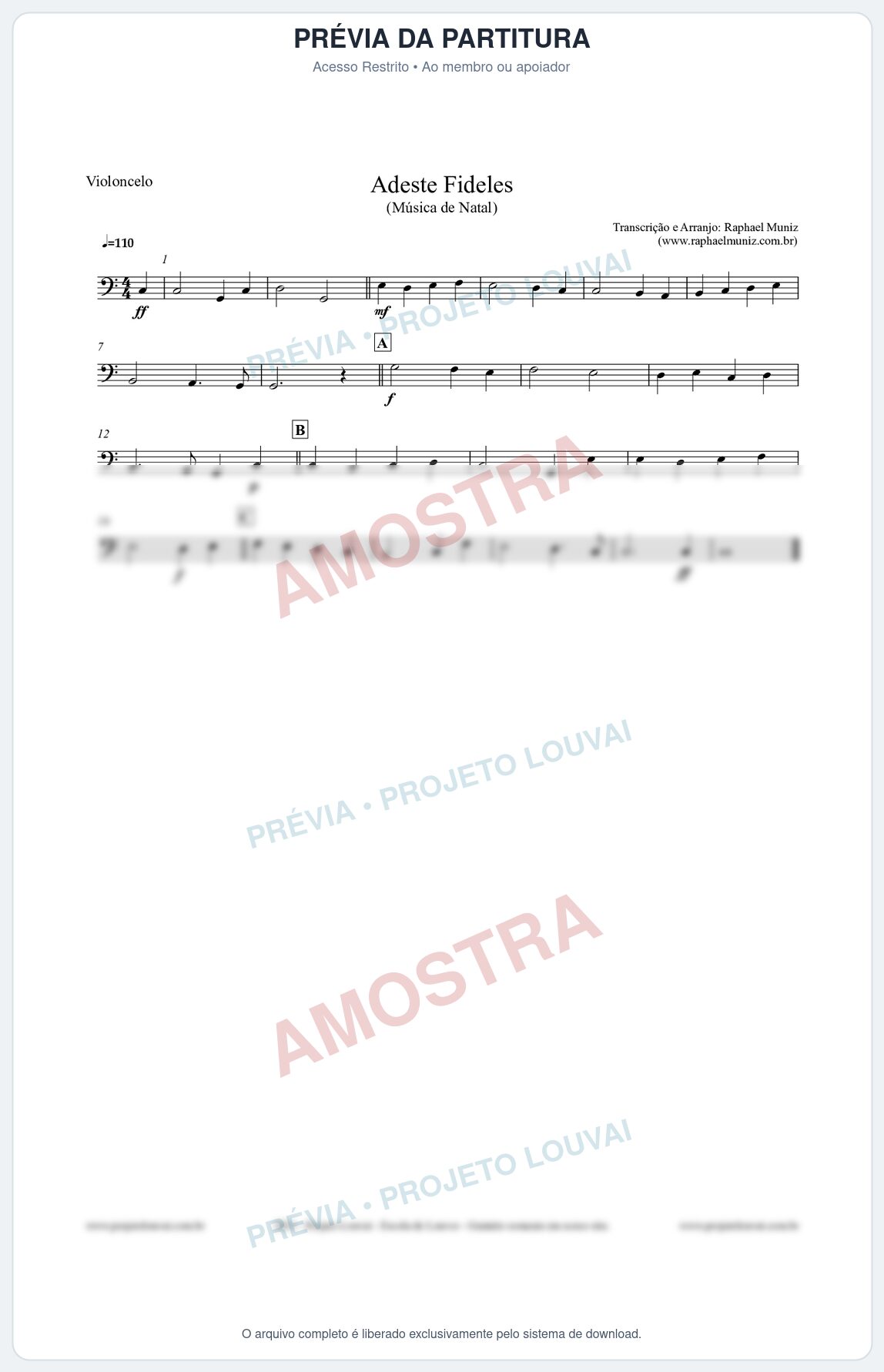 Prévia protegida da primeira página da partitura Partitura para Violoncelo - Adeste Fideles - Músicas de Natal