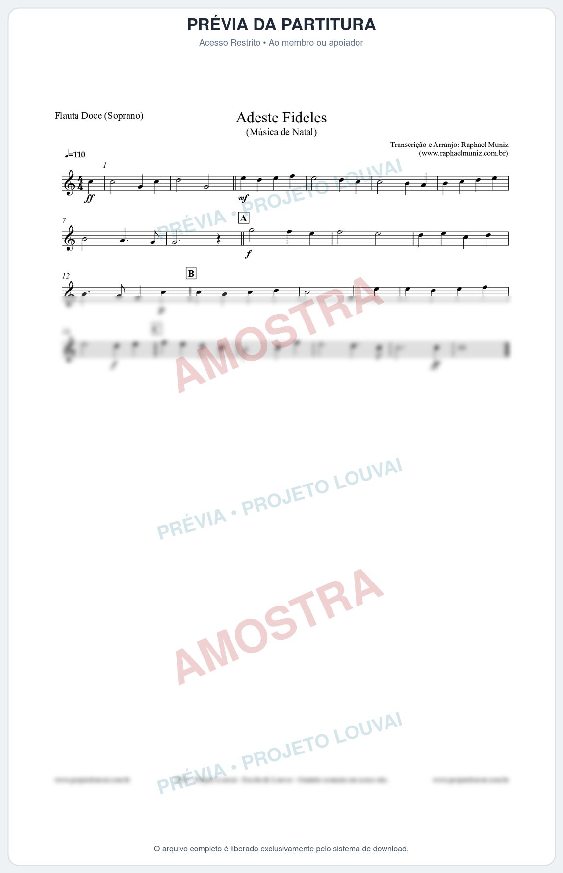 Prévia protegida da primeira página da partitura Partitura para Flauta Doce (Soprano) - Adeste Fideles - Músicas de Natal
