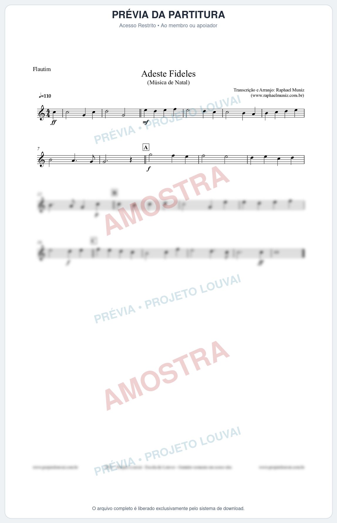 Prévia protegida da primeira página da partitura Partitura para Flautim - Adeste Fideles - Músicas de Natal
