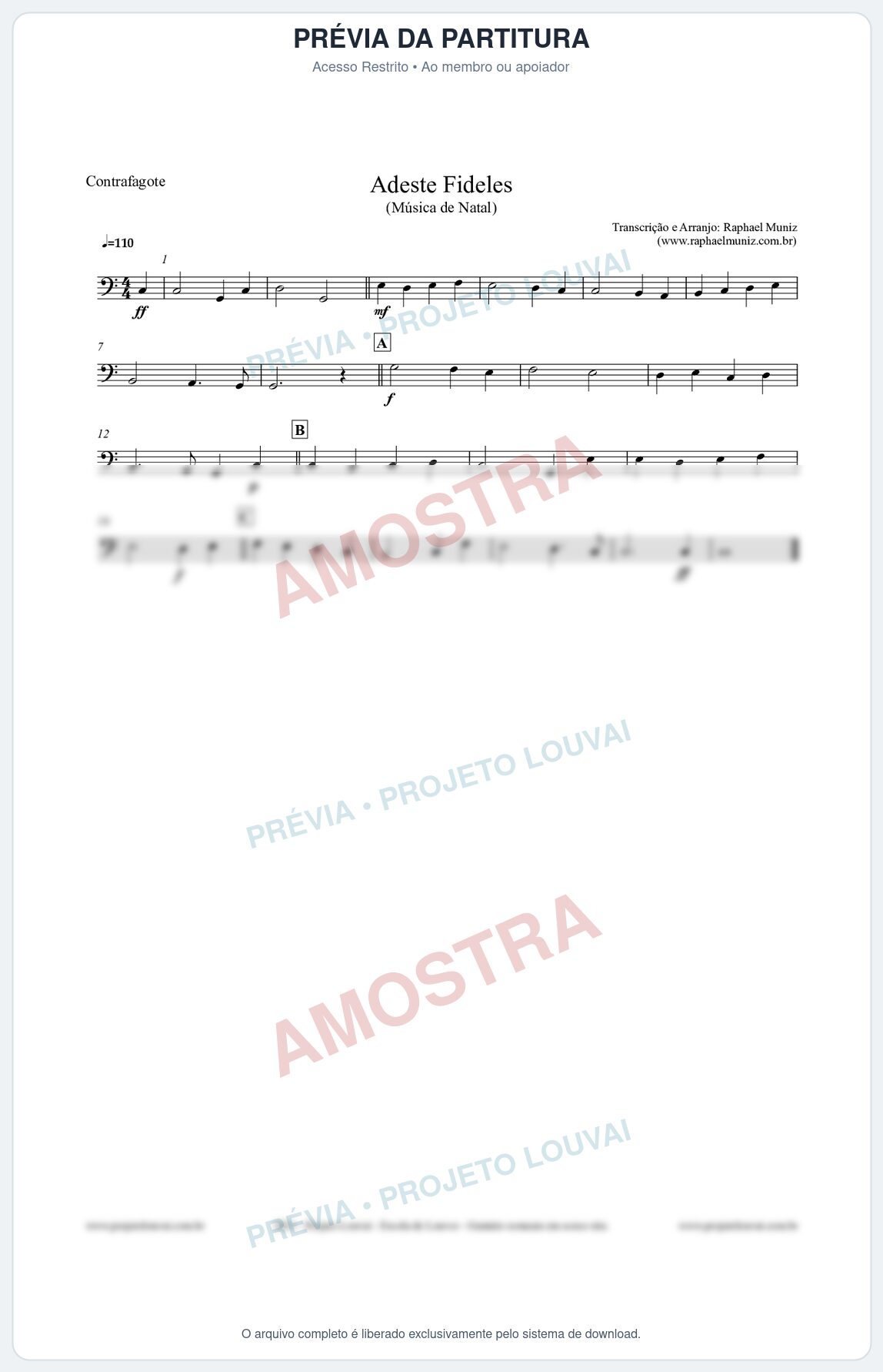 Prévia protegida da primeira página da partitura Partitura para Contrafagote - Adeste Fideles - Músicas de Natal