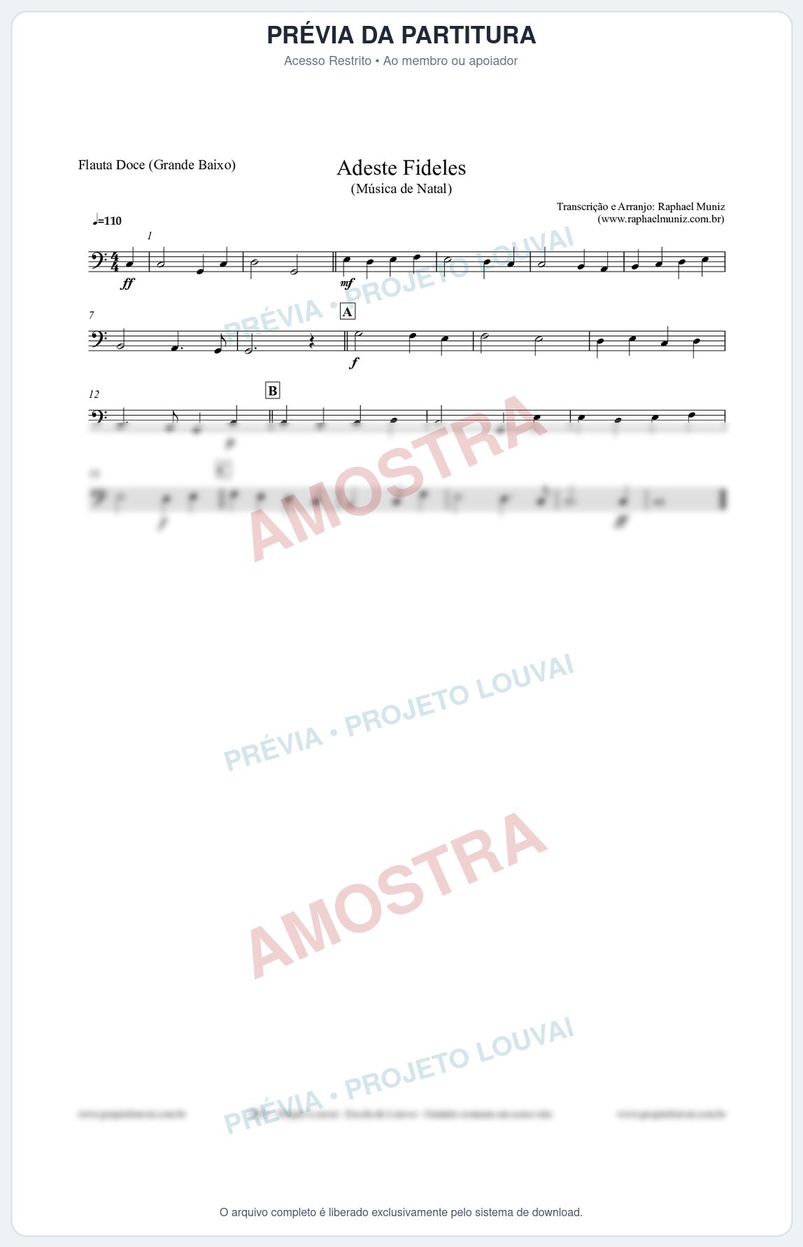 Prévia protegida da primeira página da partitura Partitura para Flauta Doce (Grande Baixo) - Adeste Fideles - Músicas de Natal