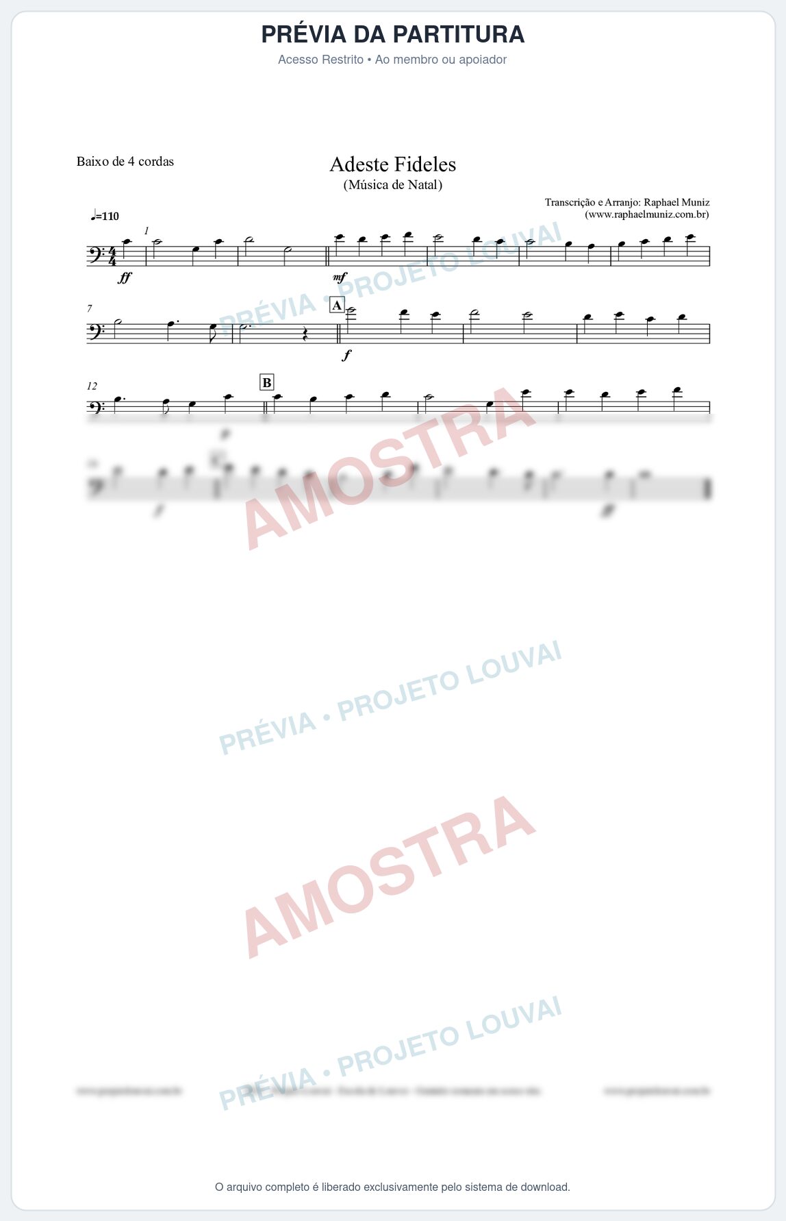 Prévia protegida da primeira página da partitura Partitura para Baixo de 4 cordas - Adeste Fideles - Músicas de Natal