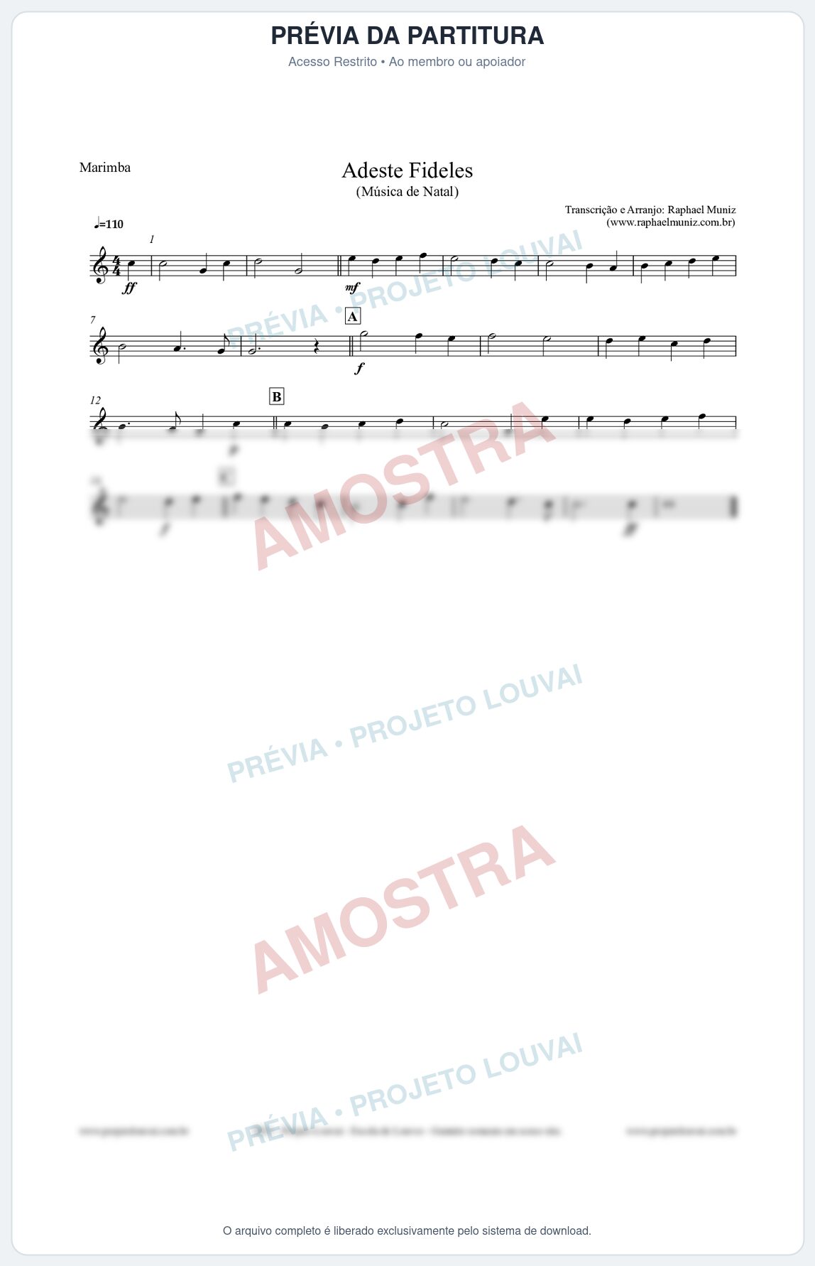 Prévia protegida da primeira página da partitura Partitura para Marimba - Adeste Fideles - Músicas de Natal