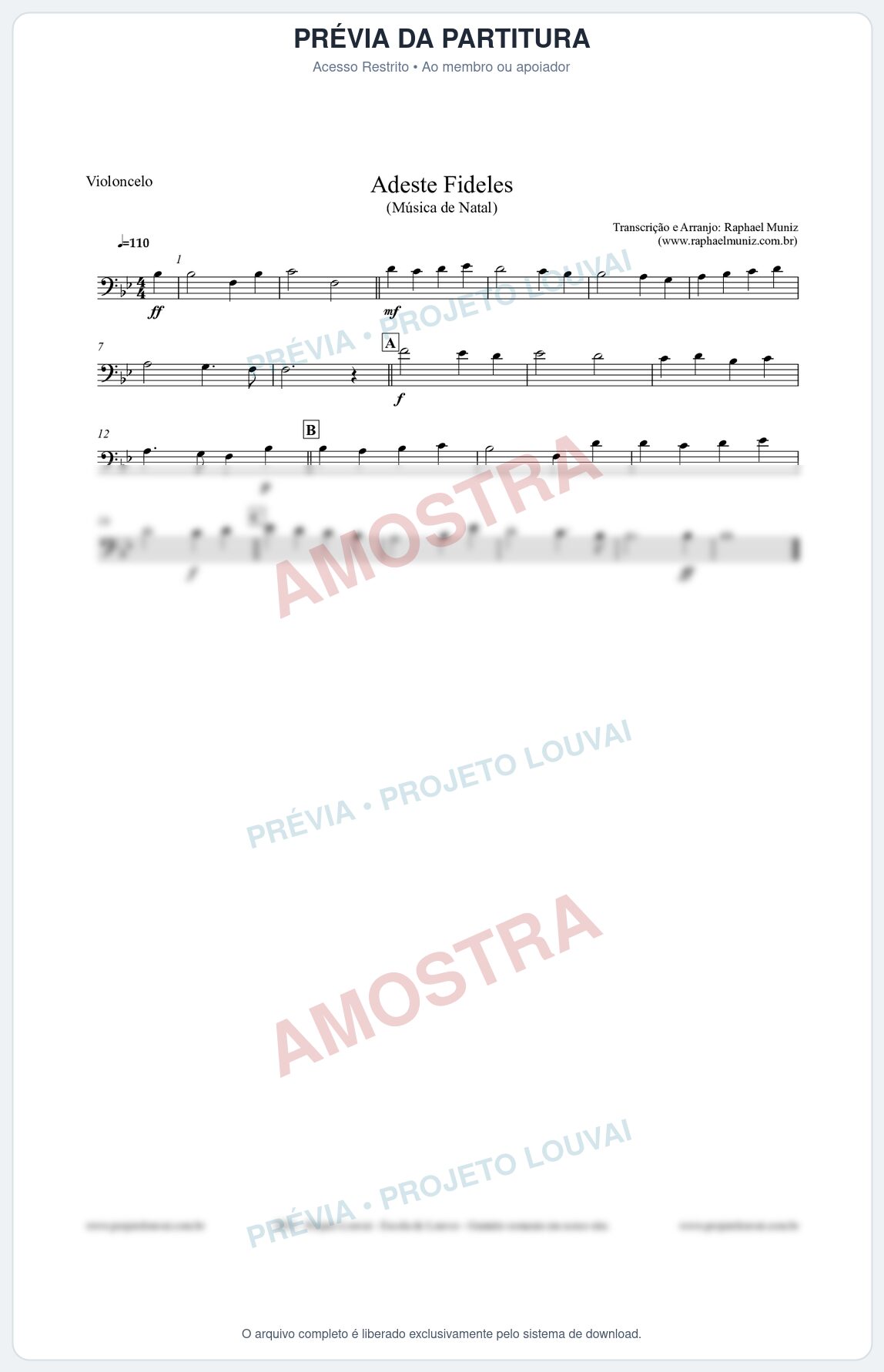 Prévia protegida da primeira página da partitura Partitura para Violoncelo - Adeste Fideles - Músicas de Natal