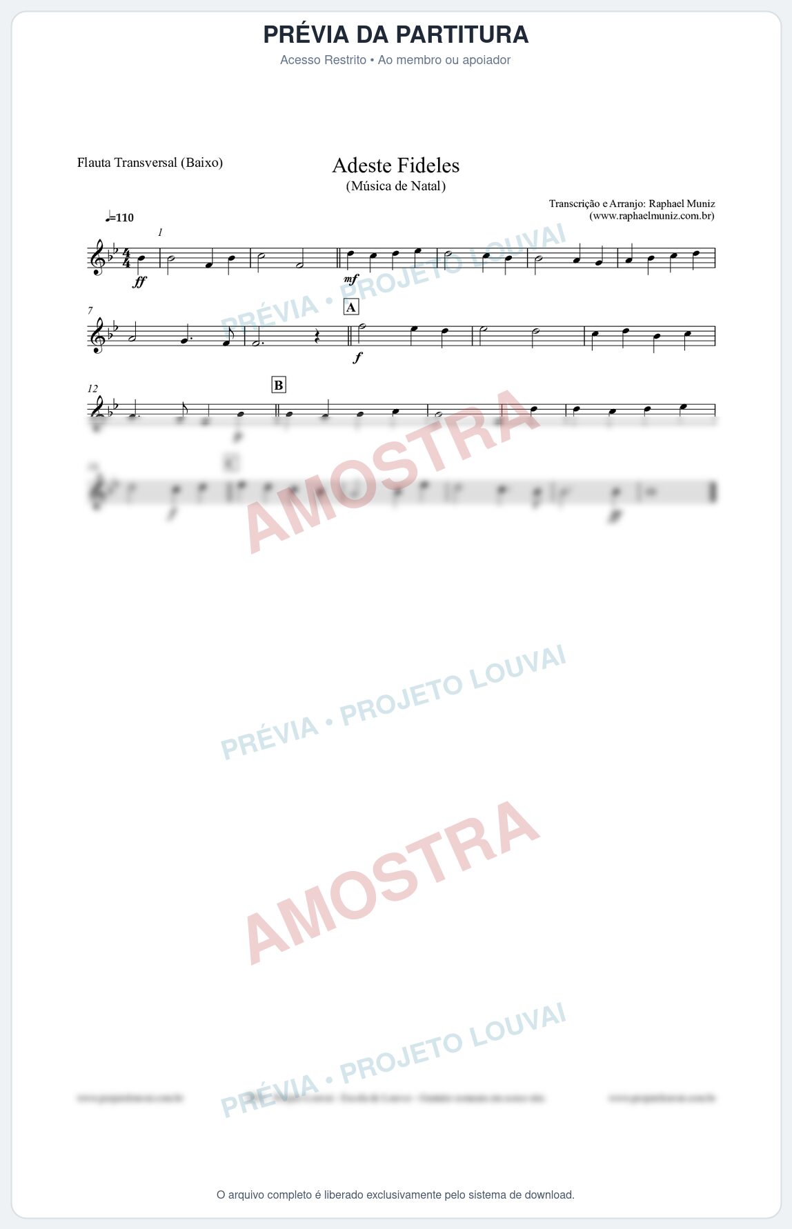 Prévia protegida da primeira página da partitura Partitura para Flauta Transversal (Baixo) - Adeste Fideles - Músicas de Natal