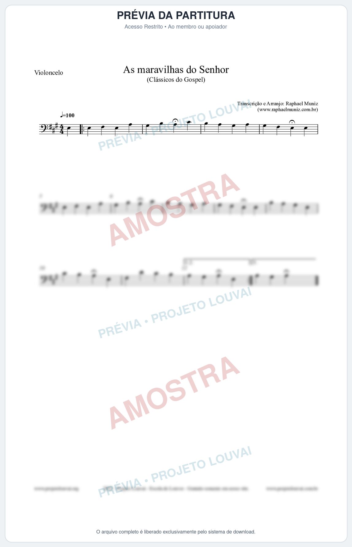 Prévia protegida da primeira página da partitura Partitura para Violoncelo - As maravilhas do Senhor - Salmos e Hinos nº213 - Clássicos do Gospel