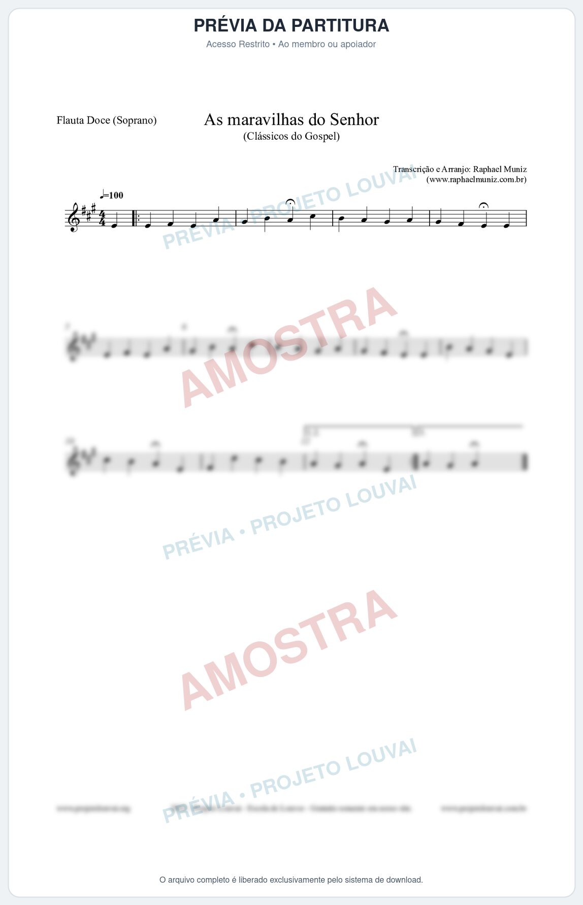 Prévia protegida da primeira página da partitura Partitura para Flauta Doce (Soprano) - As maravilhas do Senhor - Salmos e Hinos nº213 - Clássicos do Gospel