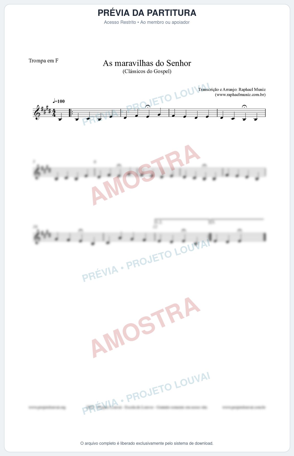 Prévia protegida da primeira página da partitura Partitura para Trompa em F - As maravilhas do Senhor - Salmos e Hinos nº213 - Clássicos do Gospel