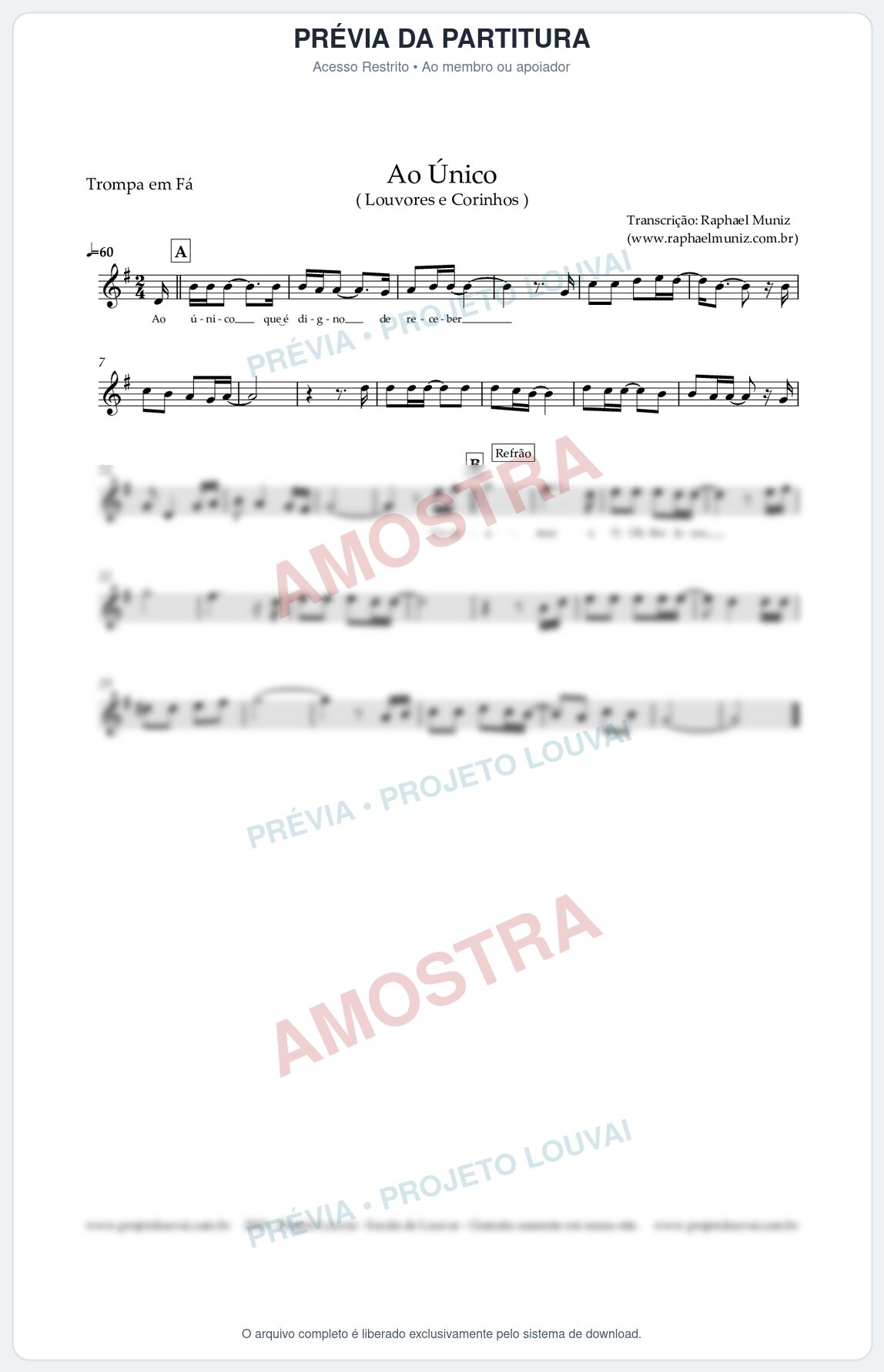 Prévia protegida da primeira página da partitura Partitura para Trompa em Fá - Ao Único - Louvores e Corinhos Gospel
