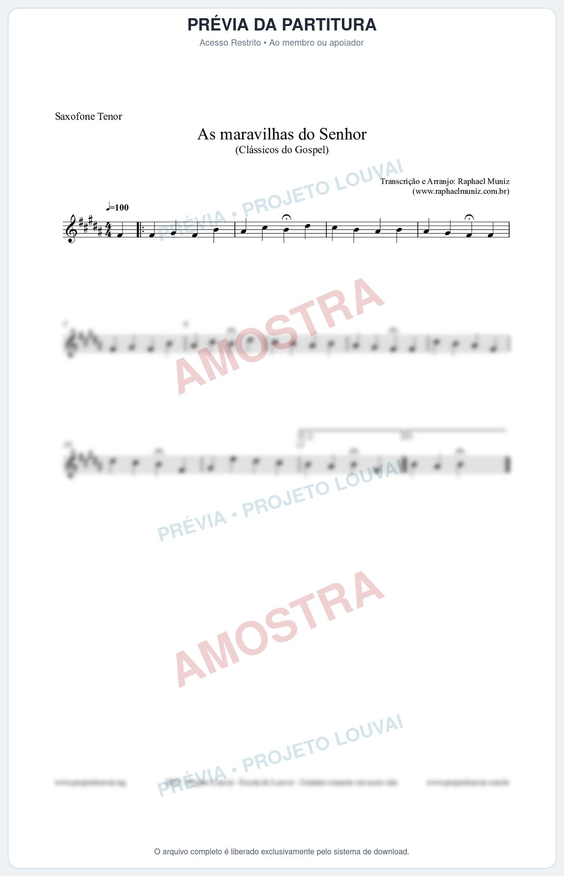 Prévia protegida da primeira página da partitura Partitura para Saxofone Tenor - As maravilhas do Senhor - Salmos e Hinos nº213 - Clássicos do Gospel