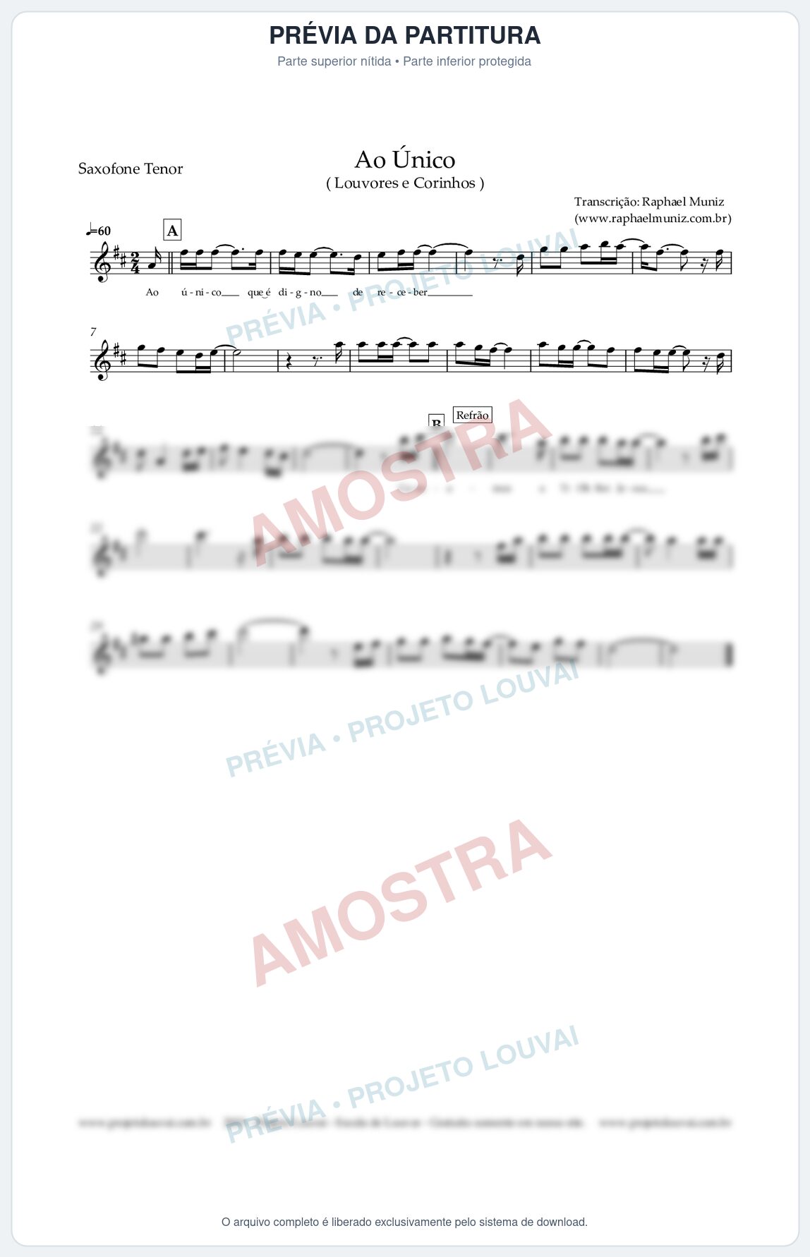 Prévia protegida da primeira página da partitura Partitura para Sax Tenor - Ao Único - Louvores e Corinhos Gospel