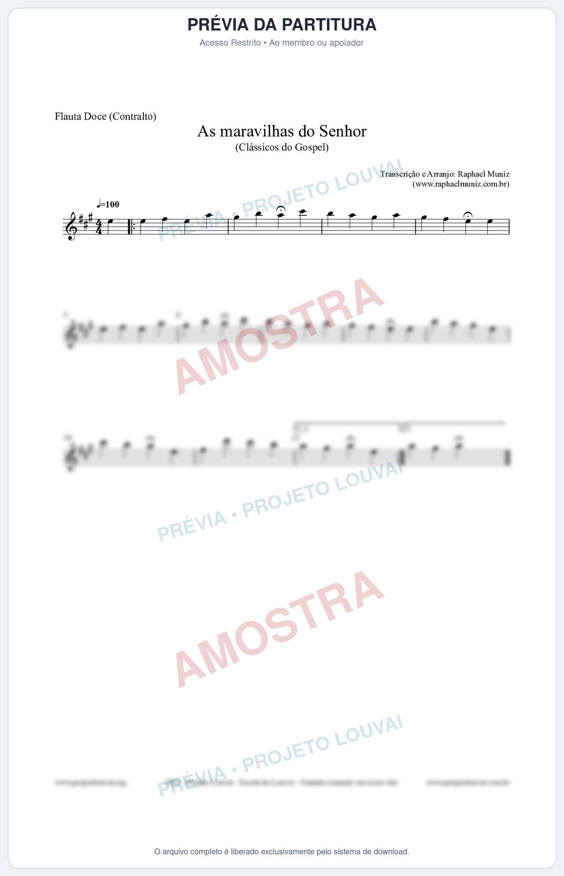 Prévia protegida da primeira página da partitura Partitura para Flauta Doce (Contralto) - As maravilhas do Senhor - Salmos e Hinos nº213 - Clássicos do Gospel