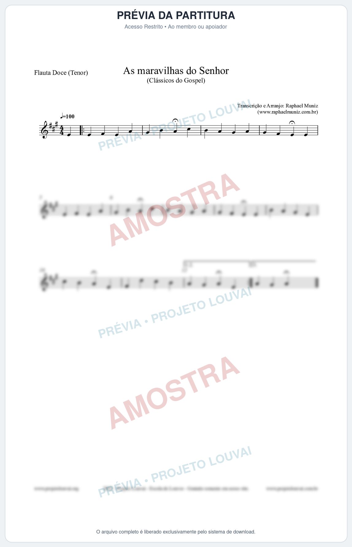 Prévia protegida da primeira página da partitura Partitura para Flauta Doce (Tenor) - As maravilhas do Senhor - Salmos e Hinos nº213 - Clássicos do Gospel