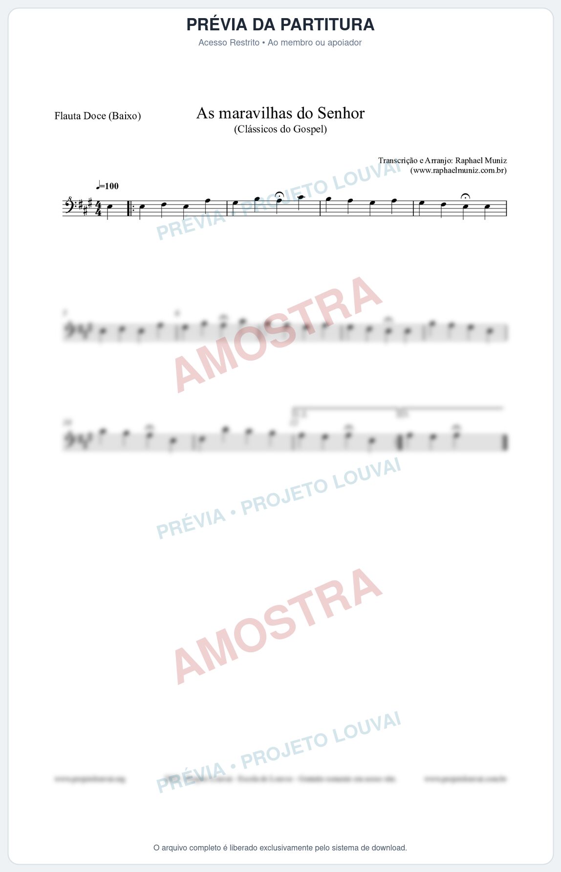 Prévia protegida da primeira página da partitura Partitura para Flauta Doce (Baixo) - As maravilhas do Senhor - Salmos e Hinos nº213 - Clássicos do Gospel