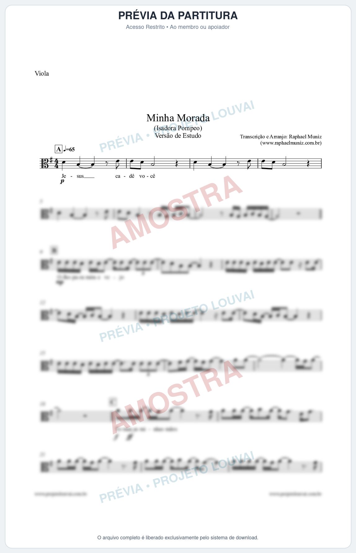 Prévia protegida da primeira página da partitura Partitura para Viola - Minha Morada (Versão de Estudo) - Isadora Pompeo